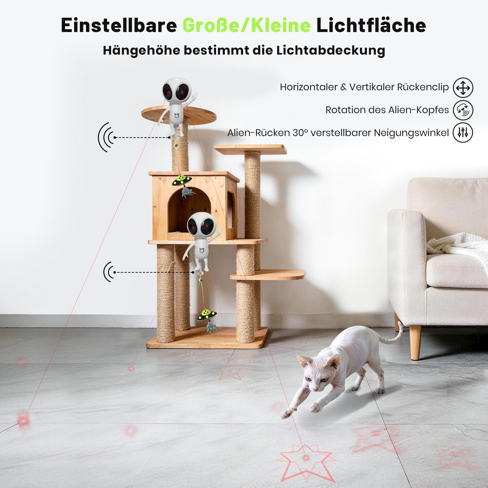 GoldenSun Interaktives Katzenspielzeug, 2-in-1 Automatisch mit Dual-Projektion & Katzenminze-UFO-Anhänger für Wohnungskatzen, Bewegungsaktiviert, Wiederaufladbar, 4 Spielmodi, Klemmbefestigung, Weiß