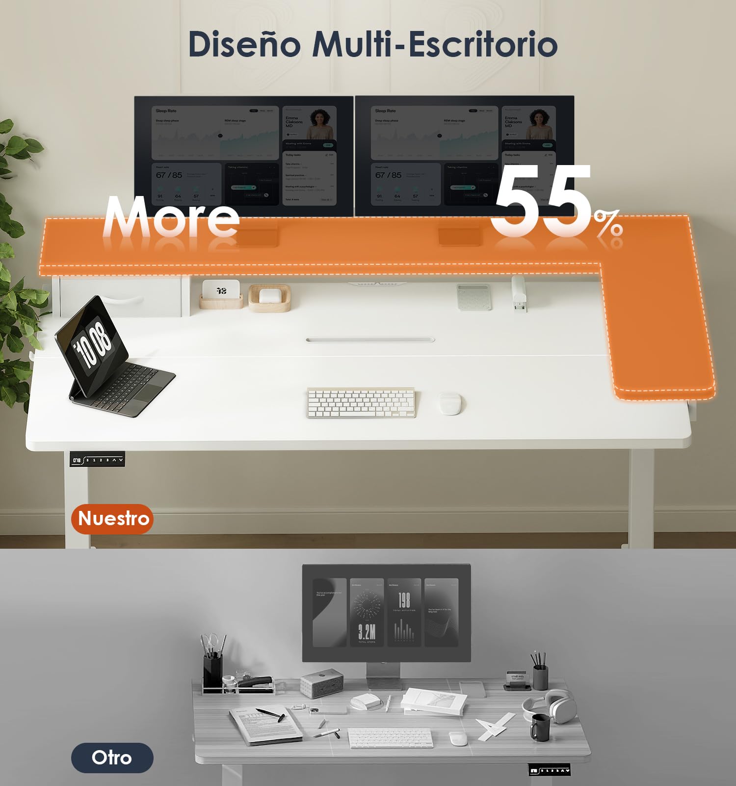 OffiGo Escritorio Elevable con Cajón y USB, 140×60 cm, Weiß | Soporte para monitor en L, 3 memorias, escritorio eléctrico regulable para oficina en casa, USB integrado, 72-121 cm