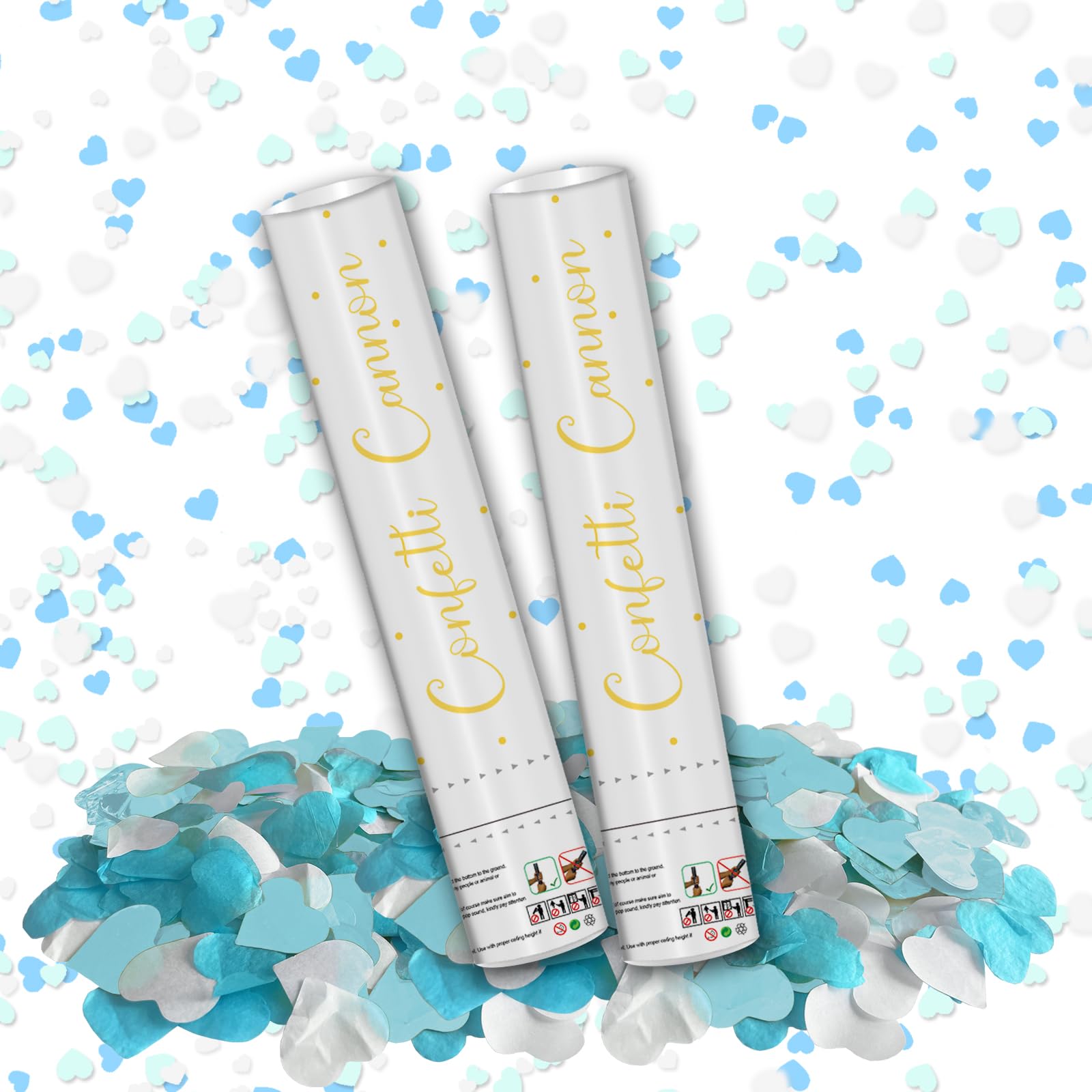 Konfettikanonen mit blauer und goldener Herzfüllung, 30,5 cm, Party-Popper für Geschlechtsoffenbarung, Babyparty, Brautparty, Valentinstag, Hochzeitstag, einfach zu bedienen, biologisch abbaubar, 2