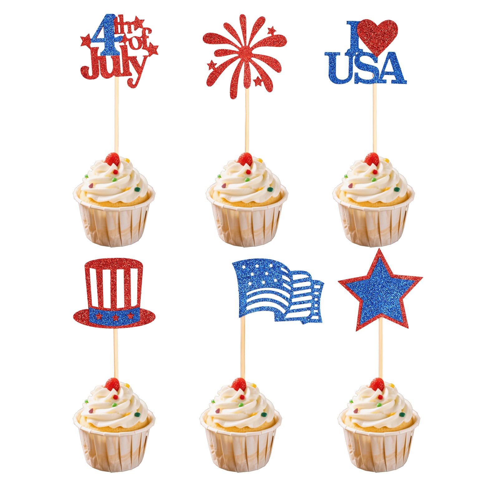 24pcs Independence Cupcake Toppers, 4th of July USA Patriotic Cupcake Picks National Memorial Flag Star Firework Cake Decor Supplies for American