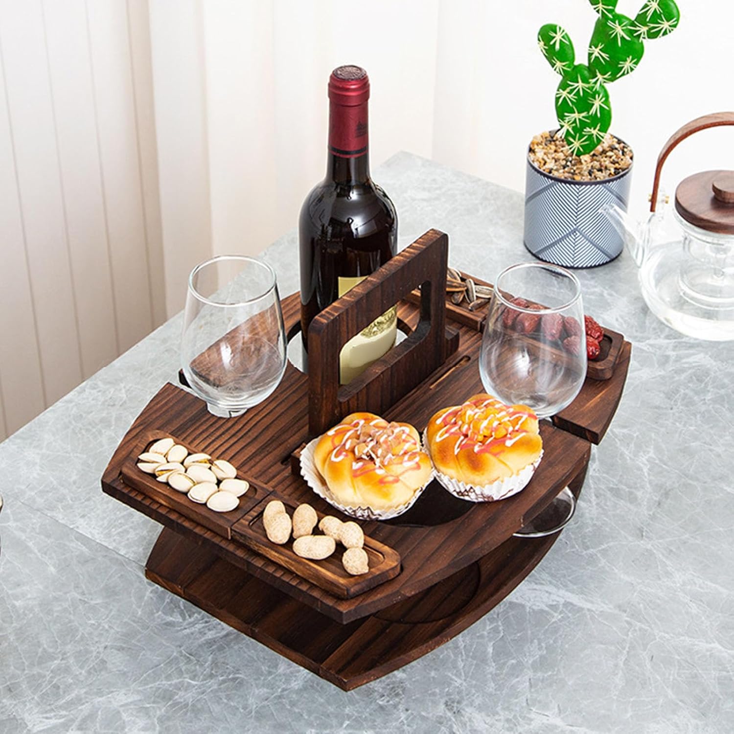 Foldable Wine and Fruit Organiser Detachable Portable Wooden Storage Table for Outdoor Picnics and Gatherings Detachable Wine Glass Holder Multi Layer Kitchen Storage Shelf