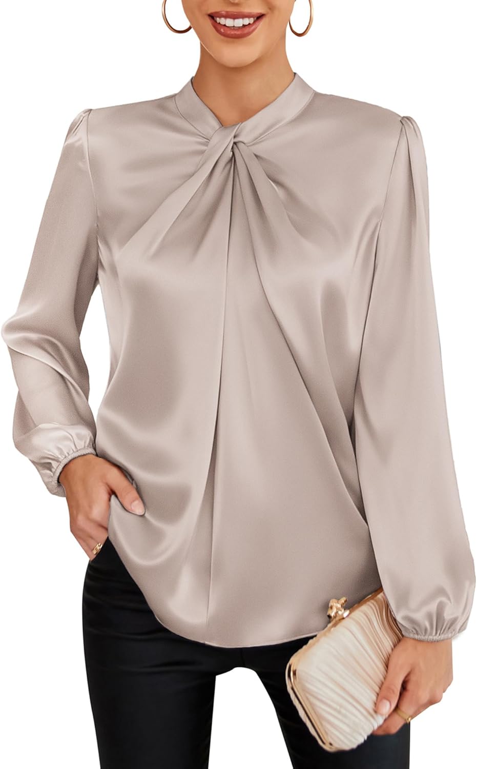 grace karin women's long sleeve satin blouse,mock neck work silk shirts,dressy tops for business casual office medium khaki