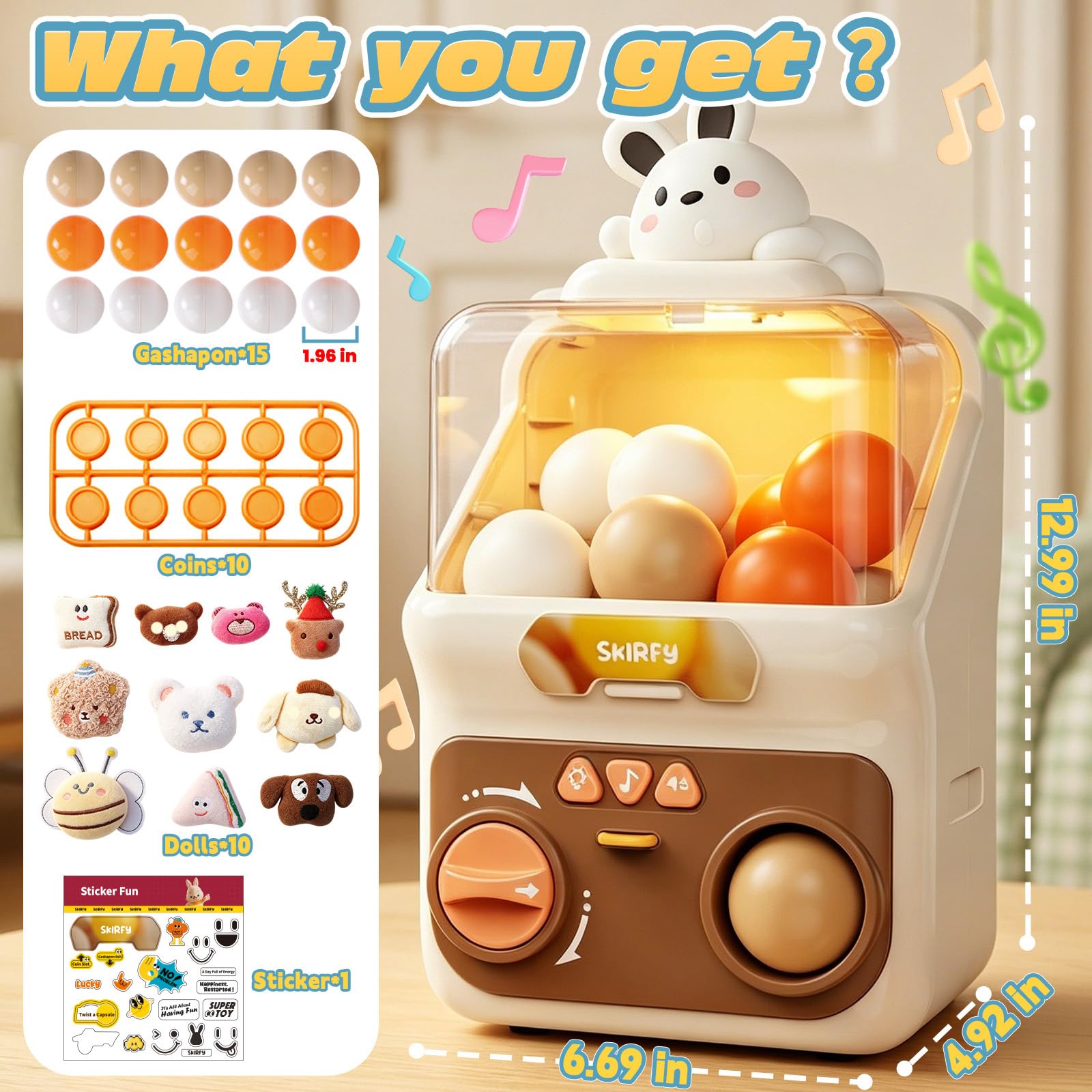 Skirfy Giocattolo automatico con palline da masticare per bambini, 15 capsule da 5 cm di diametro, distributore automatico illuminato, con prezzi, giocattolo sensoriale con bambole come regalo