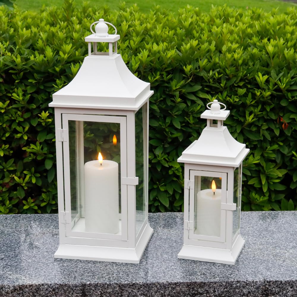 JHY DESIGN Set of 2 19.5''&13''Tall Outdoor Candle Lanterns Vintage Hanging Tower Lantern Metal Candle Holder for Garden Living Room Indoor Outdoor Parties Weddings Balcony(White)