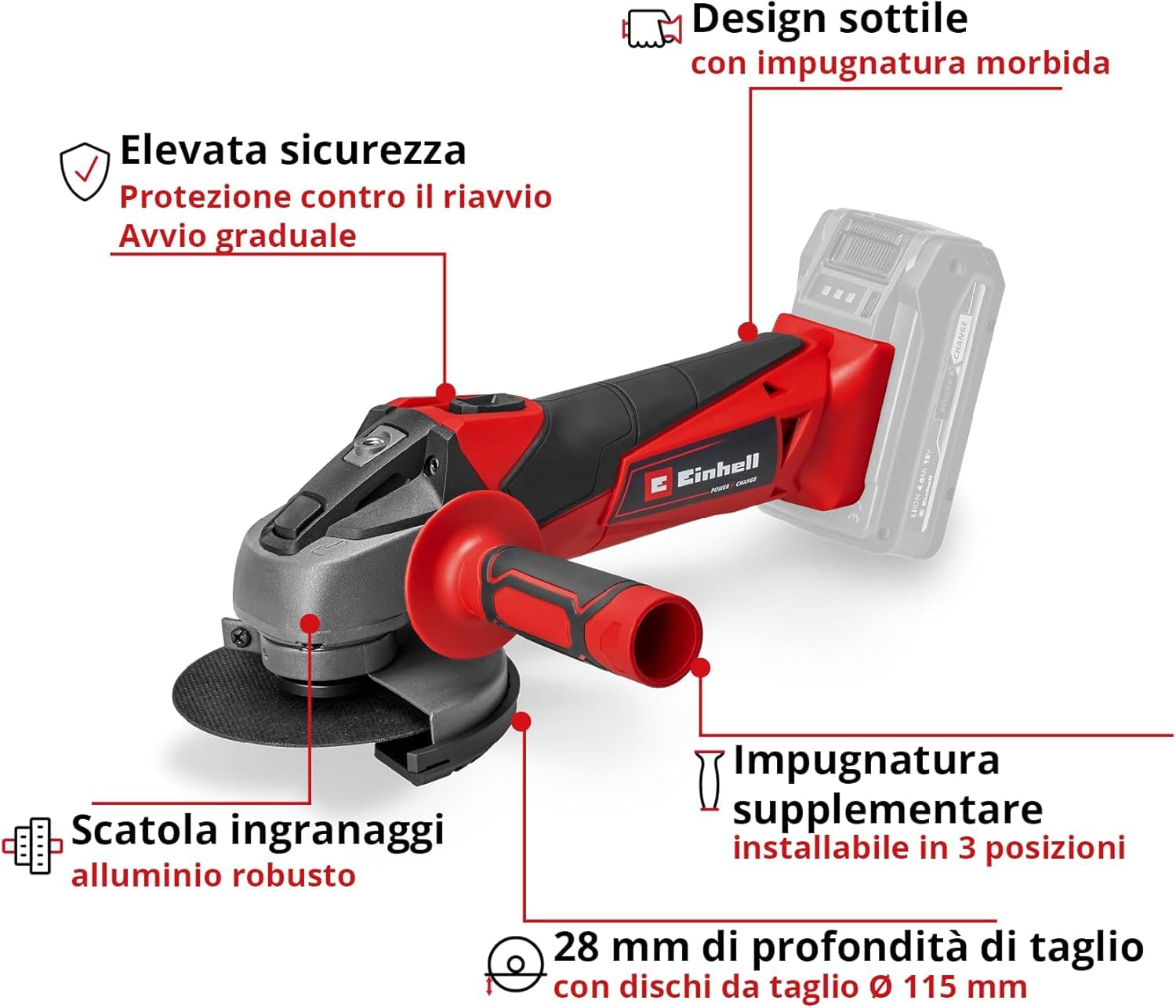 Einhell Smerigliatrice angolare a batteria TC-AG 18/115 Li-Solo Power X-Change (18 V, 115 mm diametro disco, 28 mm profondità taglio, soft start, senza disco, senza batteria)