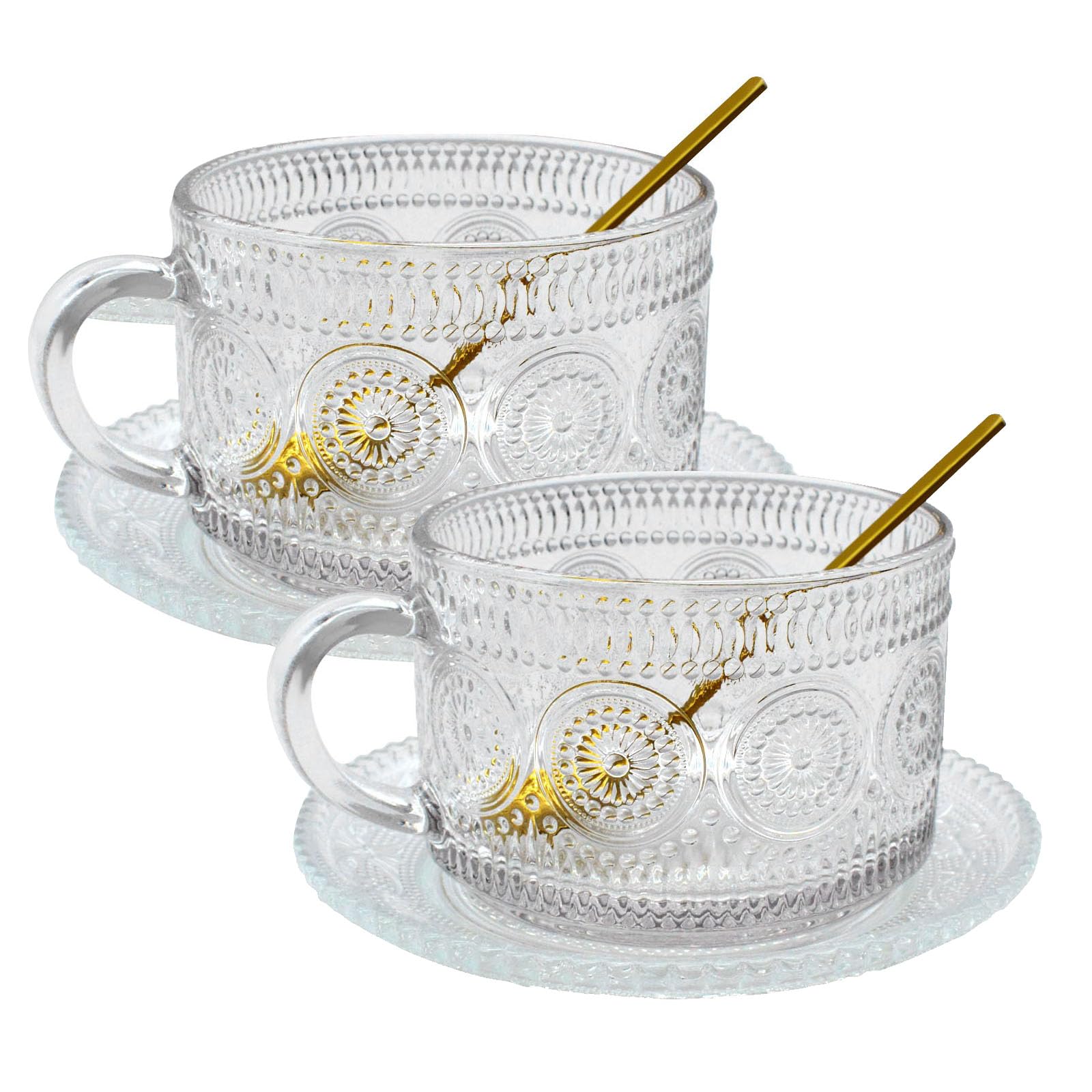 CXRYLZ-FUR 2 Set Vintage Glass Coffee Mugs, Large Clear Cups with 2pcs Spoons 2pcs Glass Saucer, Can Shaped Sunflower Beads Coupe and Coasters for Cappuccino, Latte, Tea, Hot Beverages, Yogurt,Milk