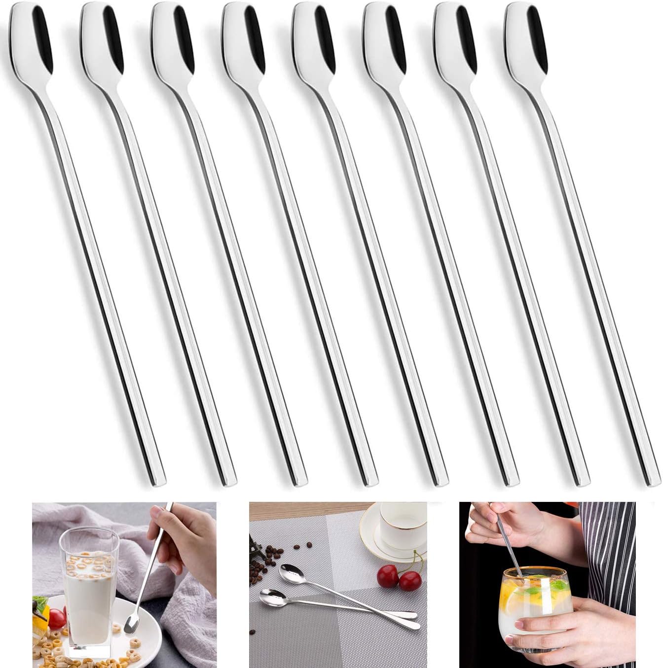 1 Set Spoon Long Handle Coffee Stirrers, Iced Teaspoon Mixing Glass Cocktail Stirring Bar Milkshake Tea Cream Dessert Silverware Spoon, Stainless Steel Mixing Stirring Square Spoons Milkshake Ice Tea