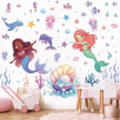 SHUCHING Adhesivo de pared de sirena bajo el mar, despegar y pegar, calcomanía de pared de peces de océano, decoración de pared para niñas,