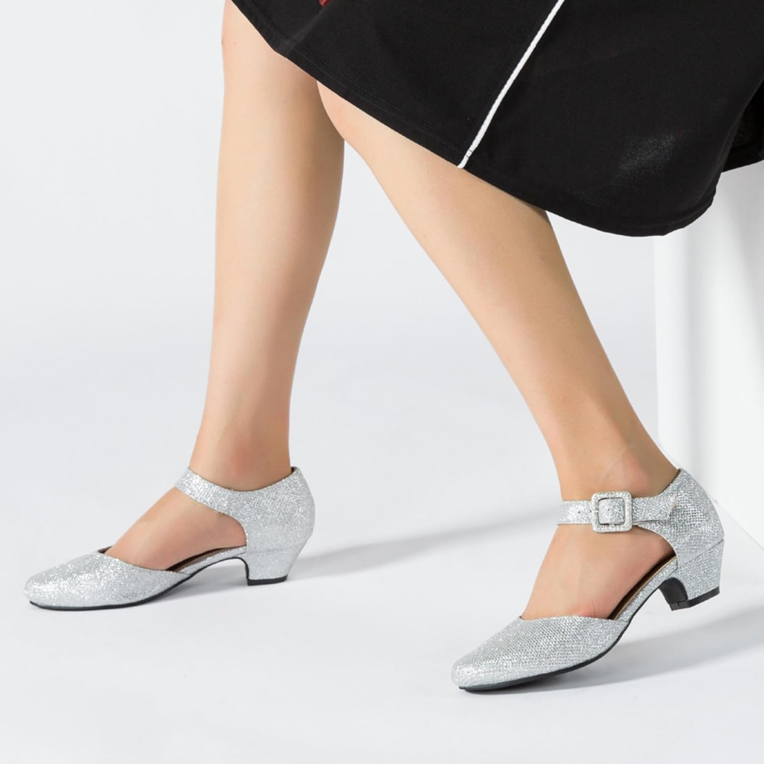 Enelauge Women's Ankle Buckle Strap Low Block Chunky Heels Closed Toe D'Orsay Pumps Dress Work Church Evening Shoes - Image 4