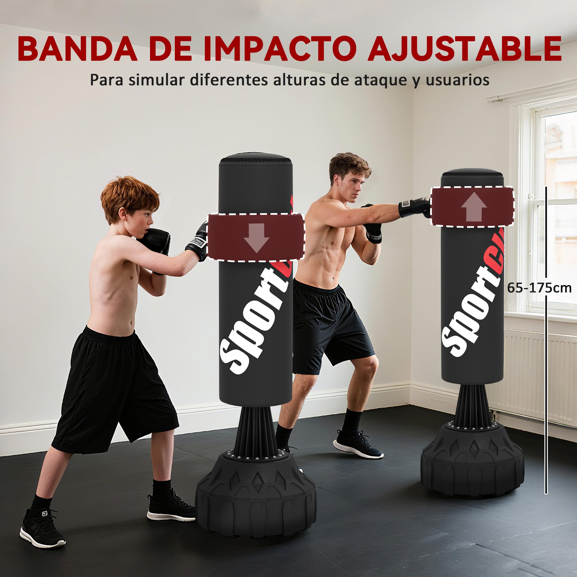 SPORTNOW Saco de Boxeo de Pie 175 cm, Saco de Boxeo para Adultos, Altura Ajustable de Banda 65–175 cm, Base Rellenable con Ventosas, Amortiguador, Incluye Venda, Entrenamiento MMA, Muay, Negro