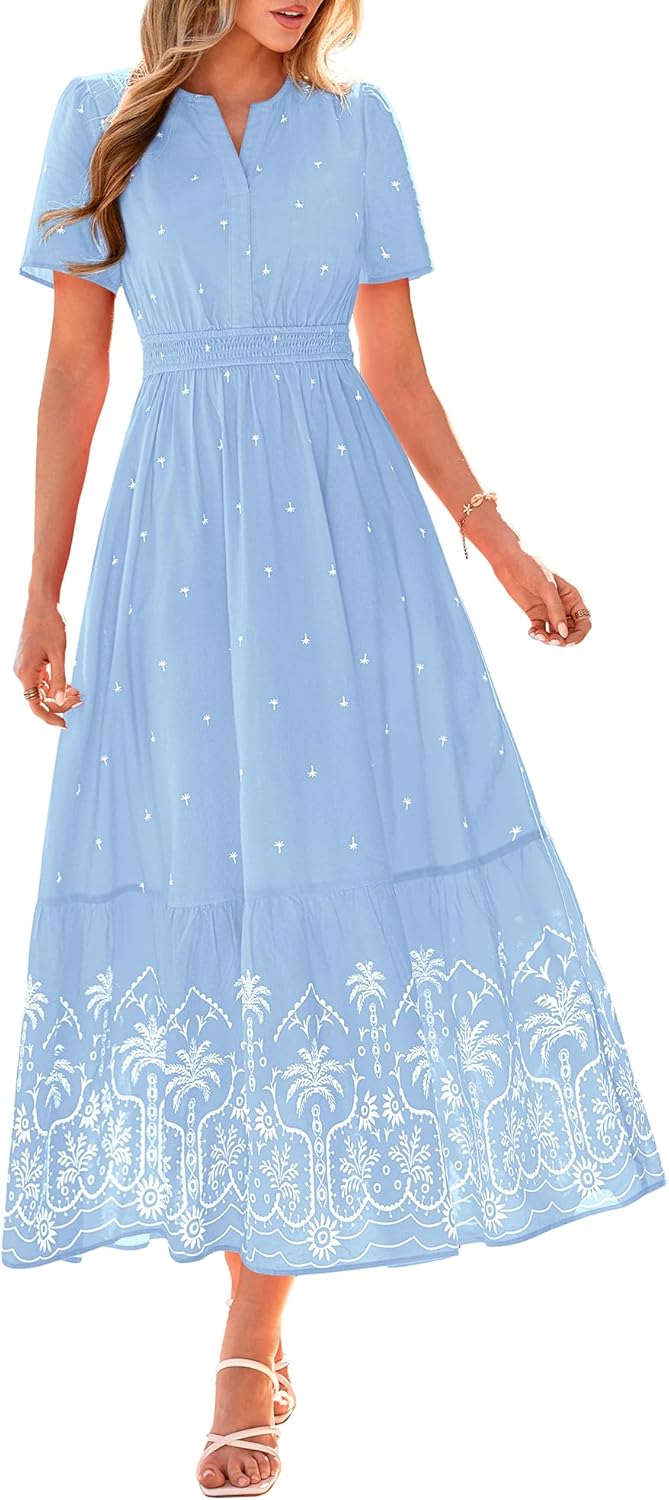 BTFBM Womens Summer Dresses 2026 Casual Short Sleeve Elastic Waist Flowy Beach Vacation Floral Boho Maxi Dress Pockets