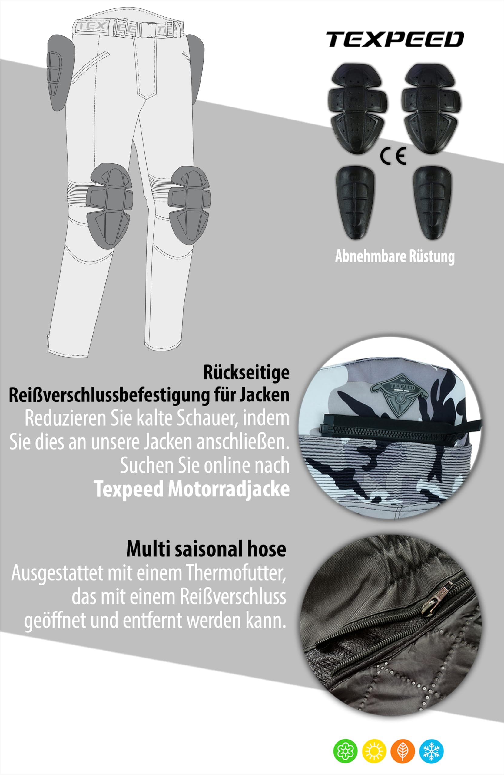 Texpeed Motorradhose mit protektoren herren - Textil Grau Camouflage Wasserdicht Motorroller Motorrad Bikerin Mit Gepanzerte Schutz (EN 1621-1) - XXL Taille/Lang Bein