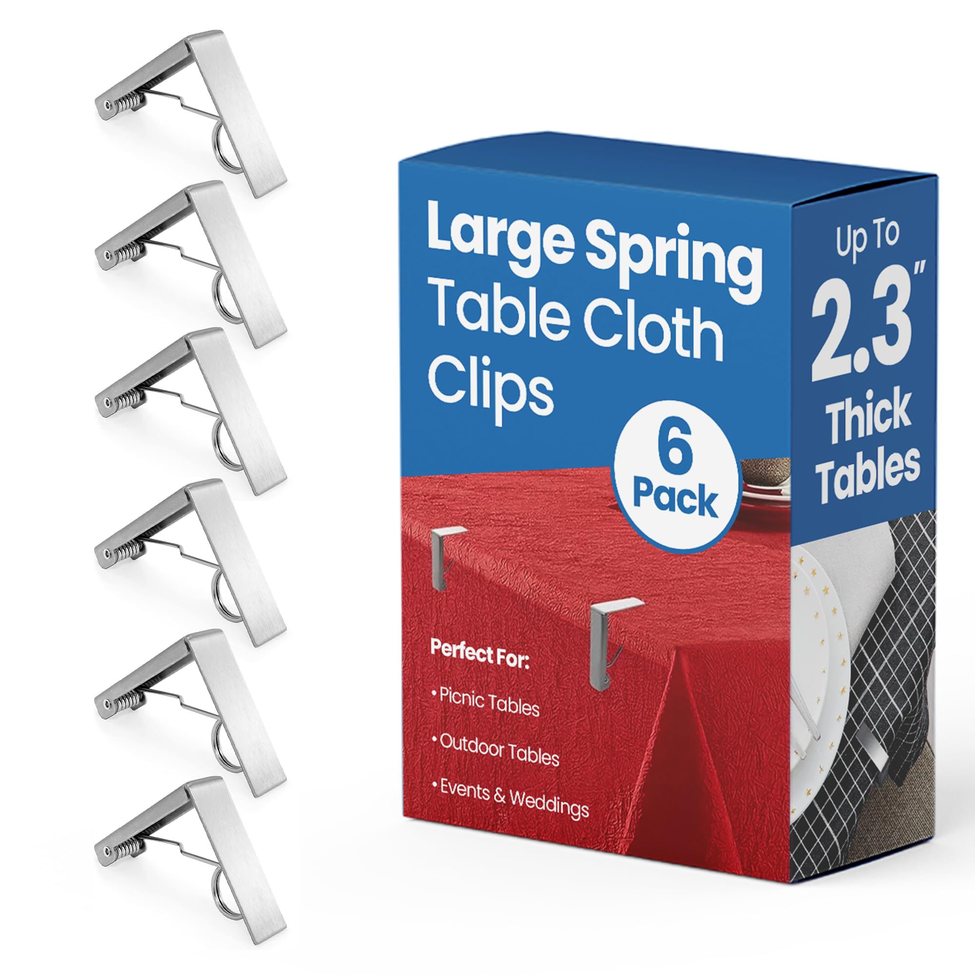 Protensils Silver 6Pcs Table Cloth Clips For Outside Table - Stainless Steel Tablecloth Clips, Fits For 2.3" Thick Outdoor Tables, Spring Styled Metal Clamps For Picnic Table Clips, Dining Table Cloth Holder