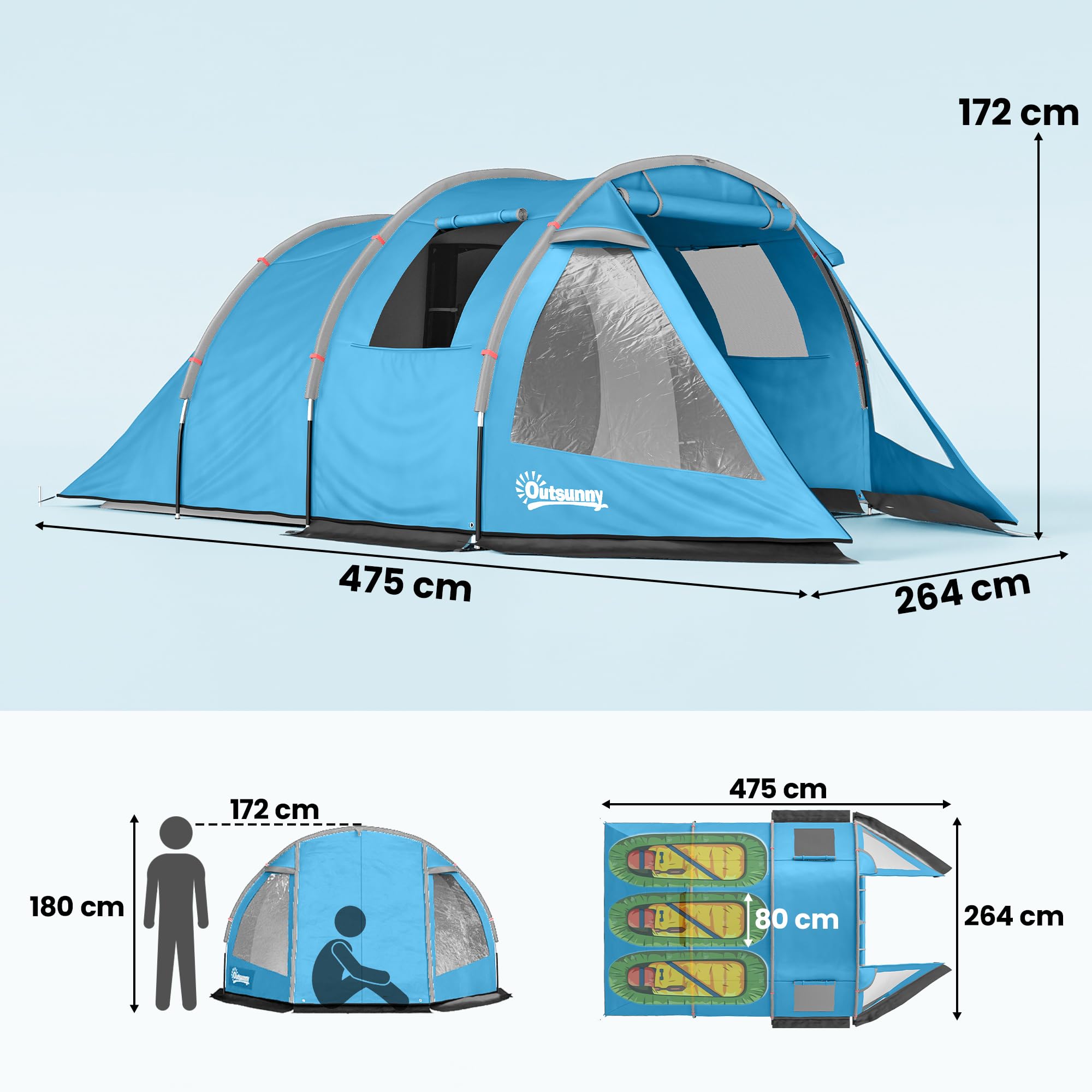 Outsunny Campingzelt für 4 Personen leicht, stabil Familienzelt mit Tür Fenster, Packtasche, Tunnelzelt mit 2000mm Wassersäule Zelt für Camping Reise Trekking Garten