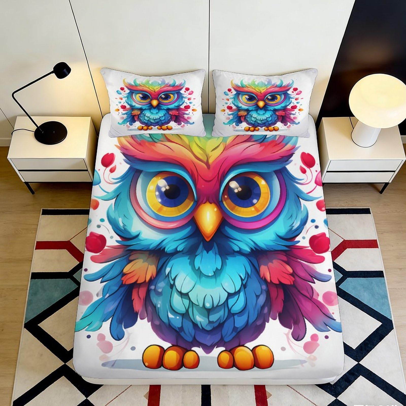 3D Printed Cartoon Owl Fitted Sheet Microfiber Deep Pocket Bedroom Bedding Owl Mattress Fitted Cover Non-Slip for Adults Teens 200x200x25cm