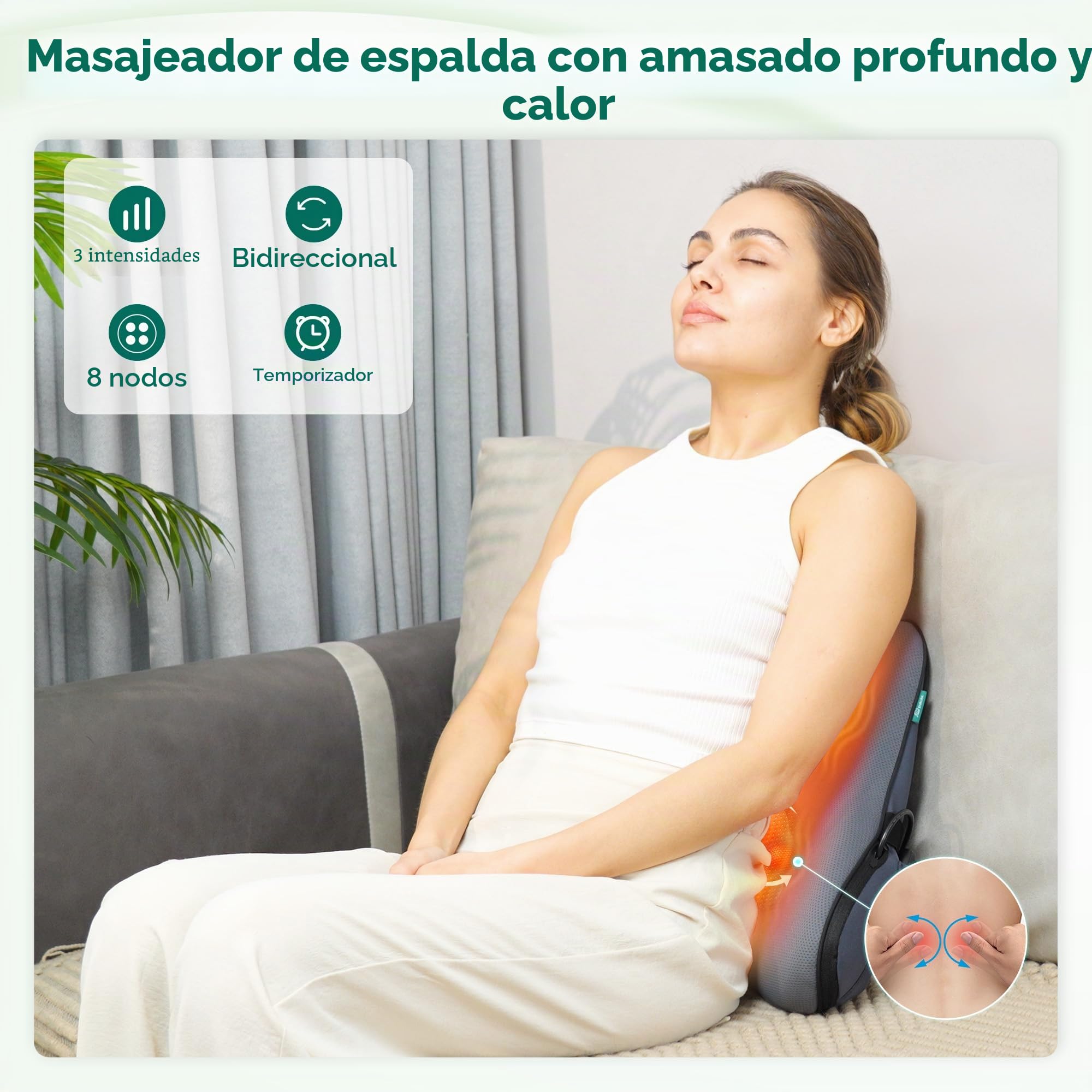 Snailax Cojín lumbar ergonómico con masaje y calor, cojín lumbar shiatsu de espuma viscoelástica, cojín con 3 intensidades de masaje, 2 niveles de calor, 3 temporizadores, cómoda postura