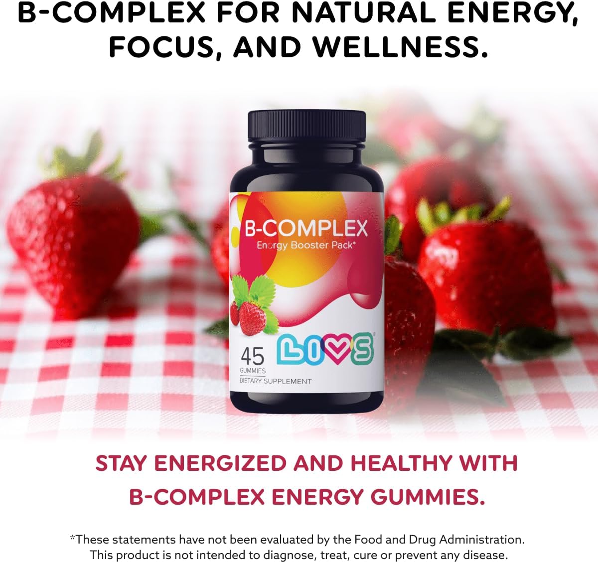 LIVS Vitamin B Complex Gummies with B12, Biotin, B3, B6 & Vitamin C for Kids & Adults | Energy, Support & Recovery Supplement | Promotes Mood, Metabolism & Nerve Function | Strawberry Flavor – 90 Ct