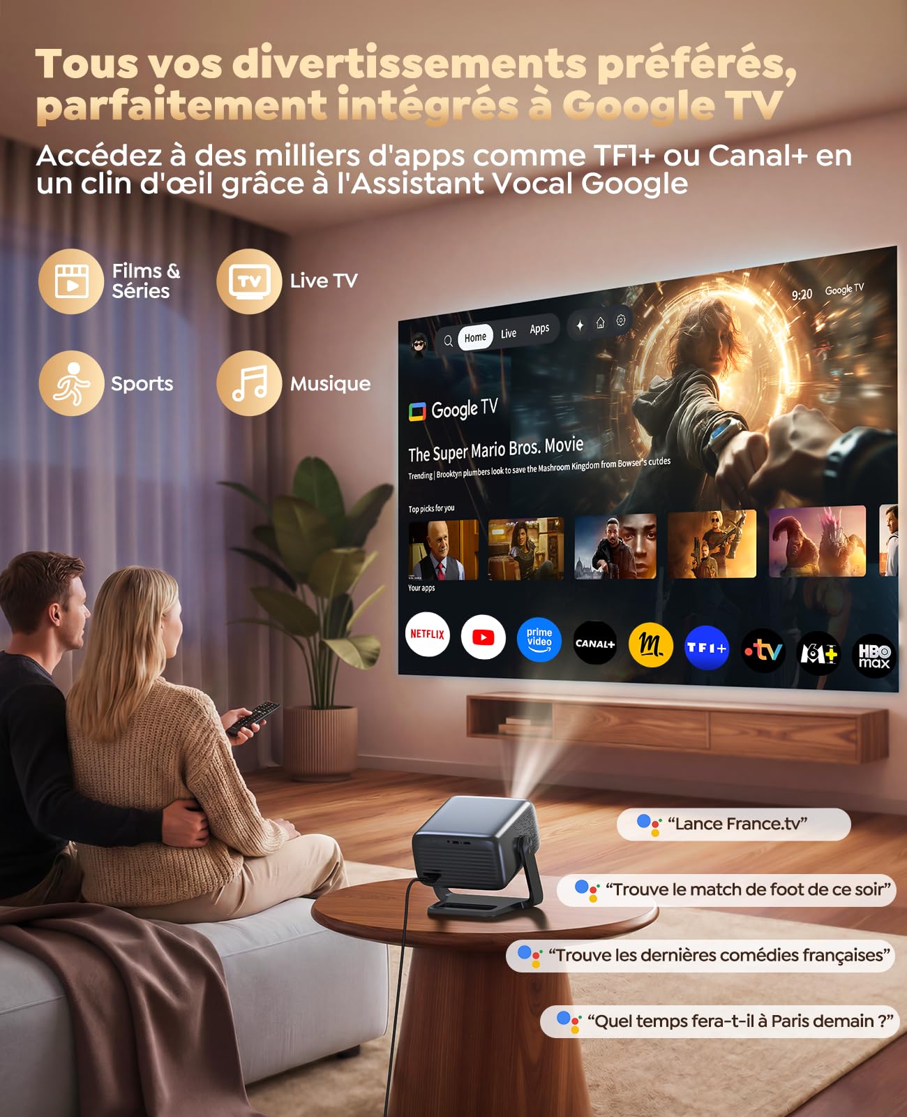 Vidéoprojecteur 4K 1300 ANSI Projecteur Portable 4K Courte Focale Auto Focus/Keystone Rotatif 360°, 36W Speaker, Contrôle Vocal, HDR10 Rétroprojecteur WiFi6 Bluetooth FHD 1080P Home Cinéma