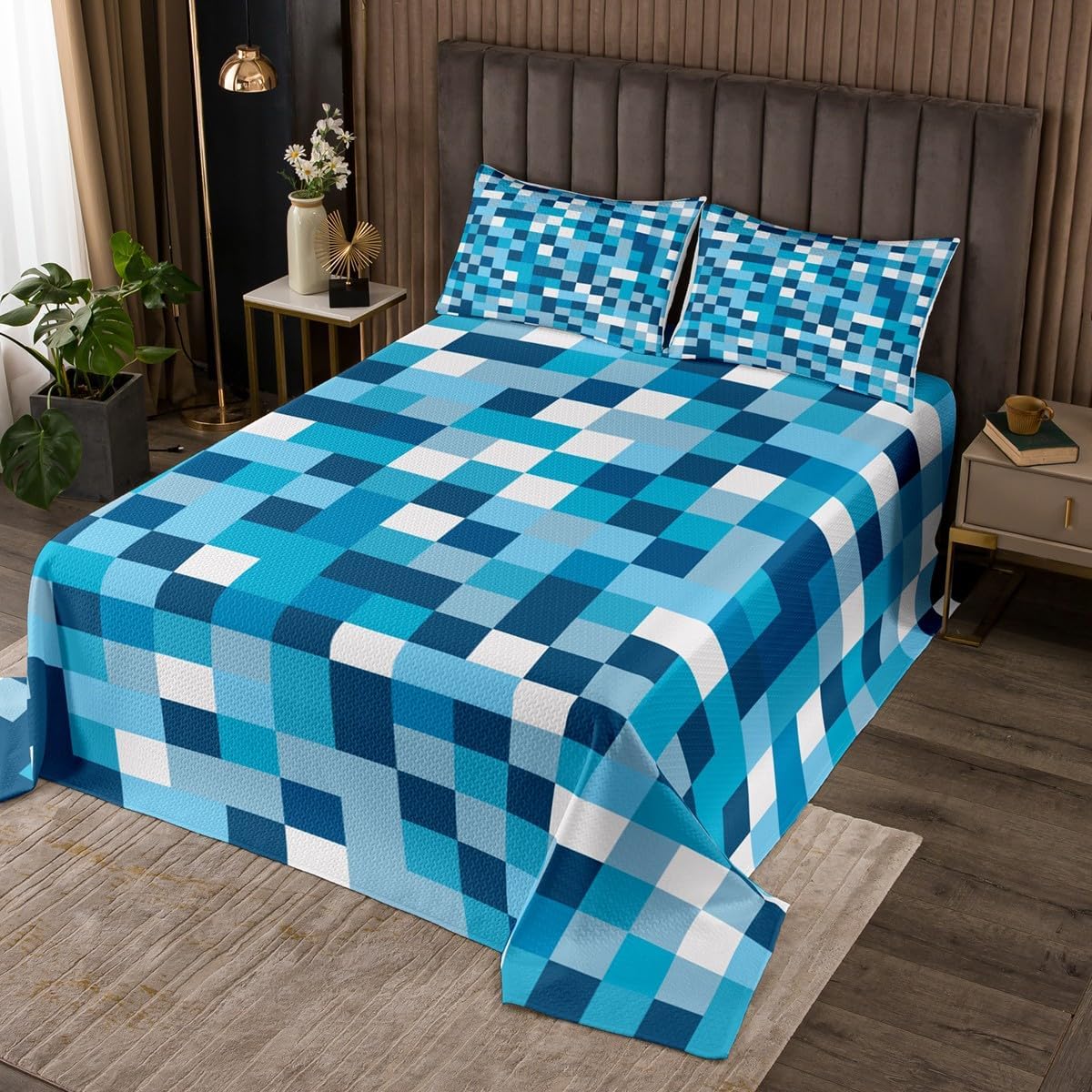 Castle Fairy Blue Pixel Block Bedspread Twin Size,Miners Video Games Bedding Sets 2Pcs for Kids Girls Boys Room Decor,Geometric Plaid Comforter Set Modern Cool Quilt Coverlet,1 Pillowcase