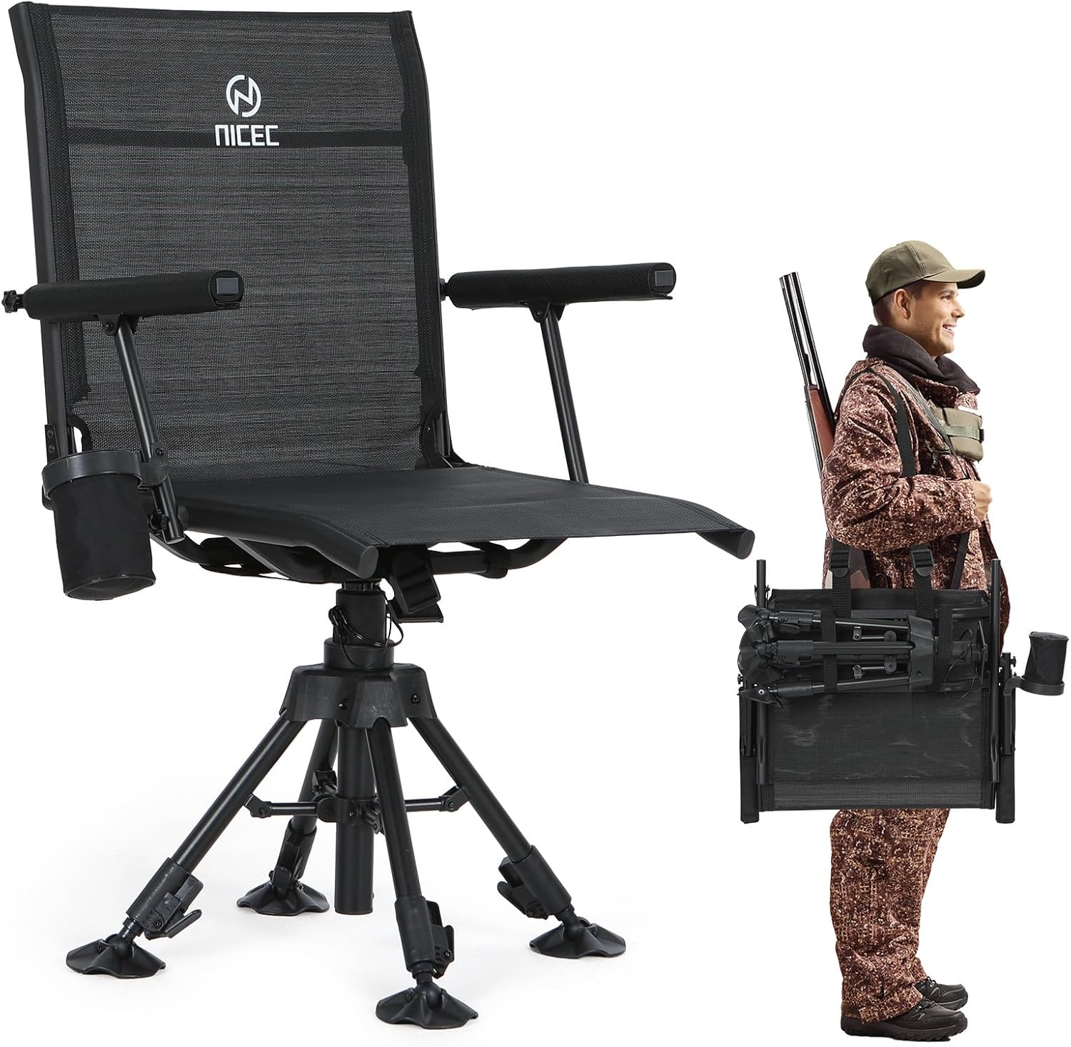 Nice C Swivel Hunting Chair, 360 Degree Rotating Silent Hunting Blind Chair, Turkey Chairs, Strutter Chairs, with Adjustable Height, Armrest, No-Sink Feet, Shoulder Strap, Cup Holder
