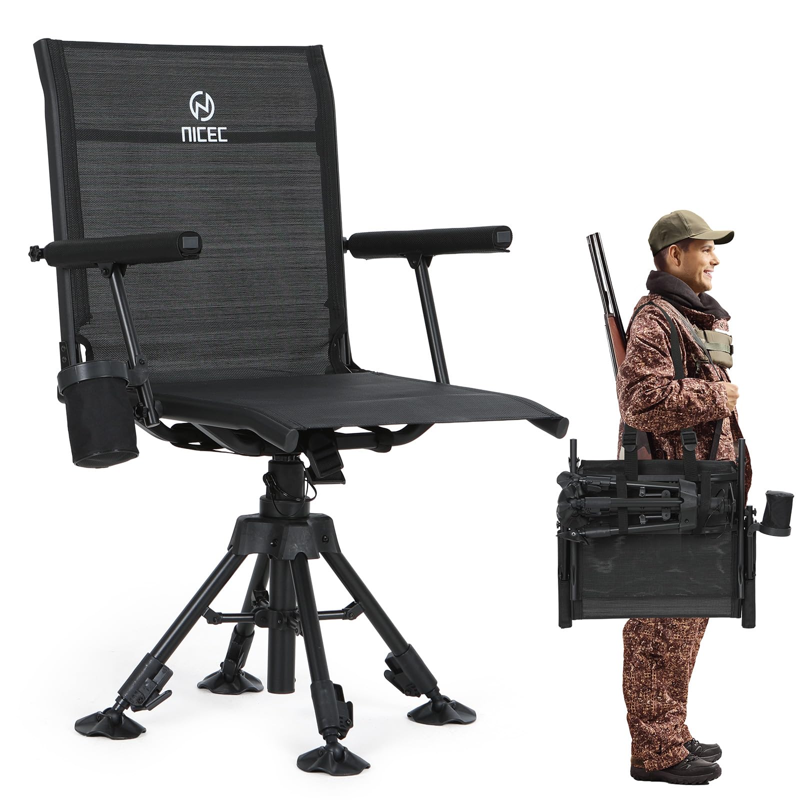 Photo 1 of Nice C Swivel Hunting Chair, 360 Degree Rotating Silent Hunting Blind Chair, Foldable Deer Turkey Strutter Chairs, with Adjustable Height, Armrest, No-Sink Feet, Shoulder Strap, Cup Holder