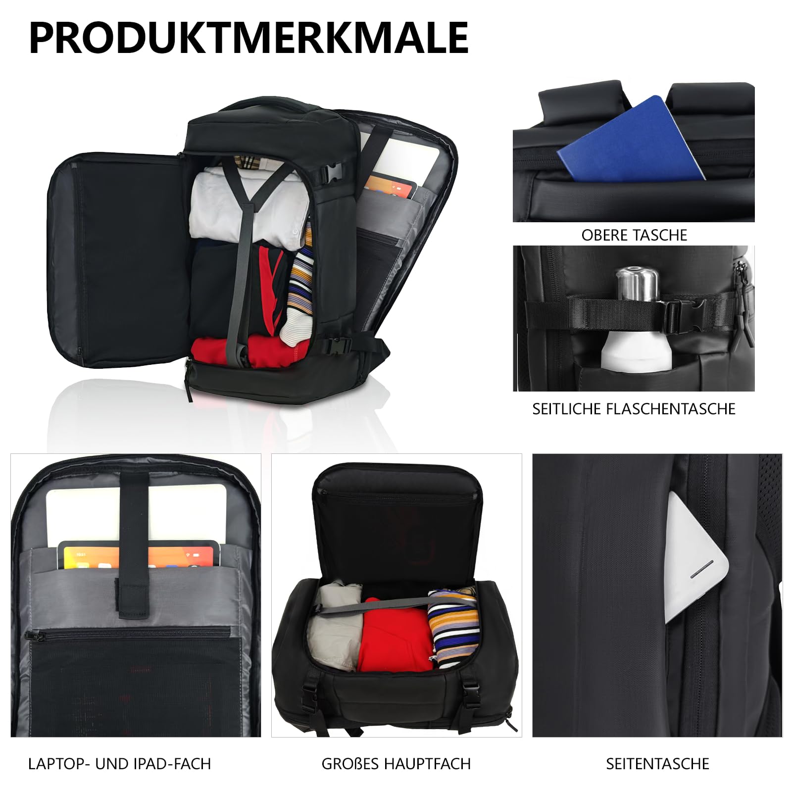 KINGSLONG Reise Rucksack Laptop Backpack: Herren Groß Reiserucksack Flugzeug Cabin 17.3 Zoll PC Wasserdicht Koffer 37L Tasche für Travel Business Outdoor Hiking Männer Schwarz
