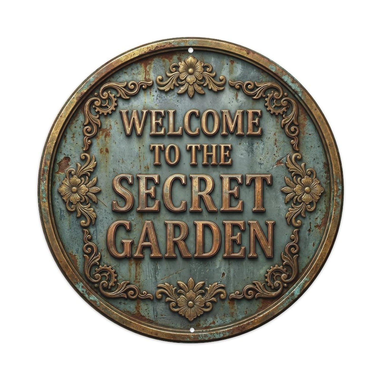 Vintage Welcome Secret Garden Gold Greygreen Engraved Metal Tin Sign
