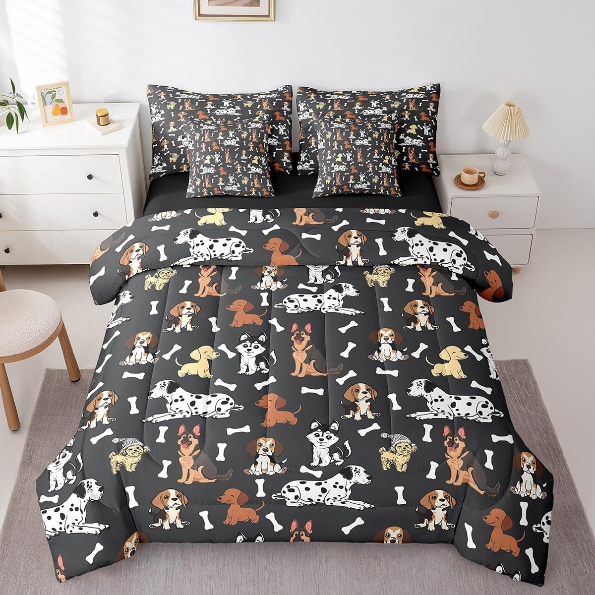 Feelyou Puppy Dog Comforter Set with Sheets Queen Size Cute Bed in a Bag for Boys Girls Teens Kawaii 7 Pieces Bedding Set Bones Bed Set Room Decor