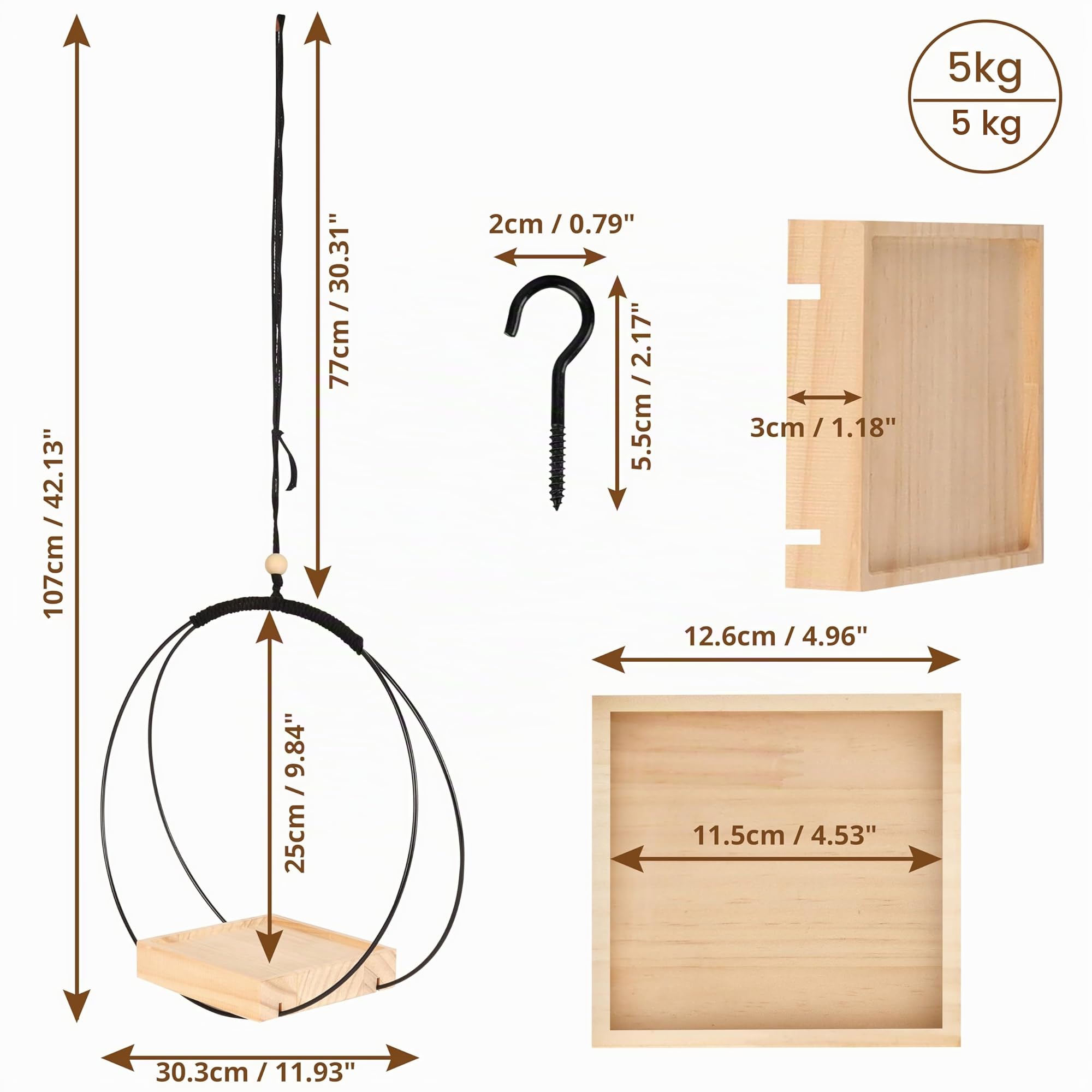BELLE VOUS Suspension Macramé pour Plante - Suspension Macrame 107 cm avec Base en Bois - Support Pot de Fleurs et Plantes Intérieur et Extérieur avec Crochet de Suspension