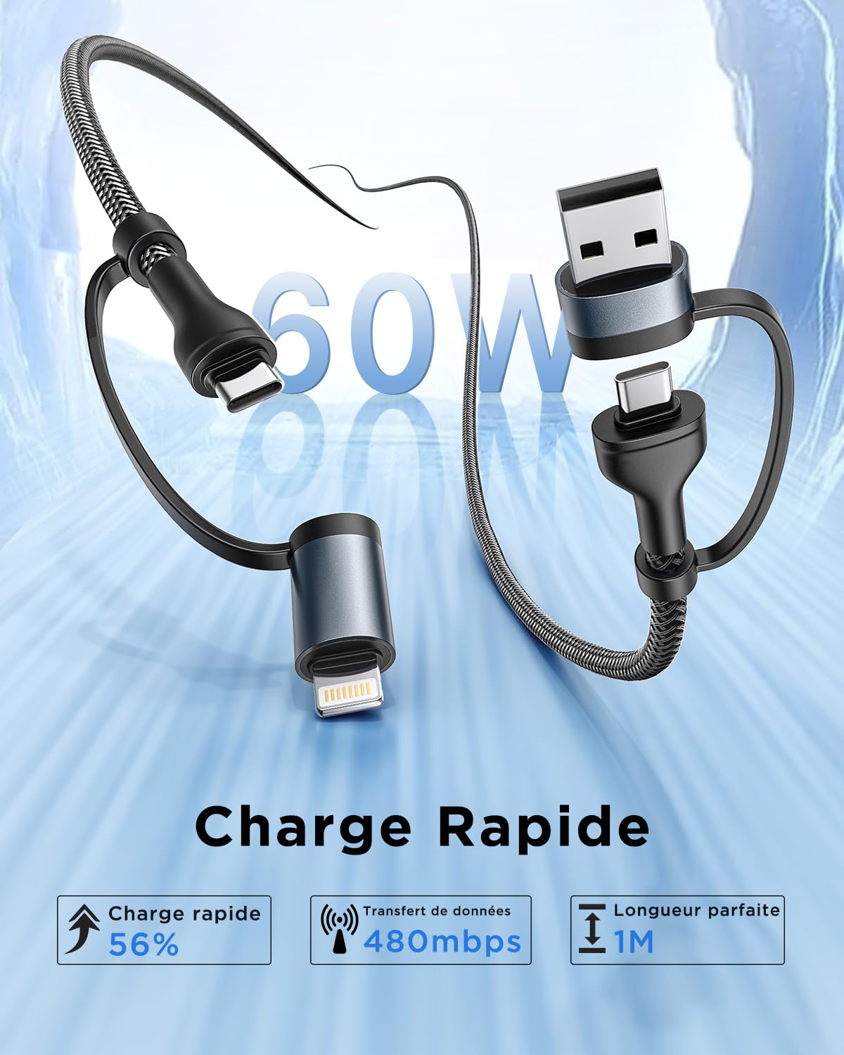 Câble Multi USB 4 en 1 [1M] Cable Universel Cable iPhone USB C Charge Rapide Multi Chargeur USB C Nylon Tressé Câble USBC vers Lightning pour iPhone 17/16/15/14, Galaxy S24/S23, Huawei