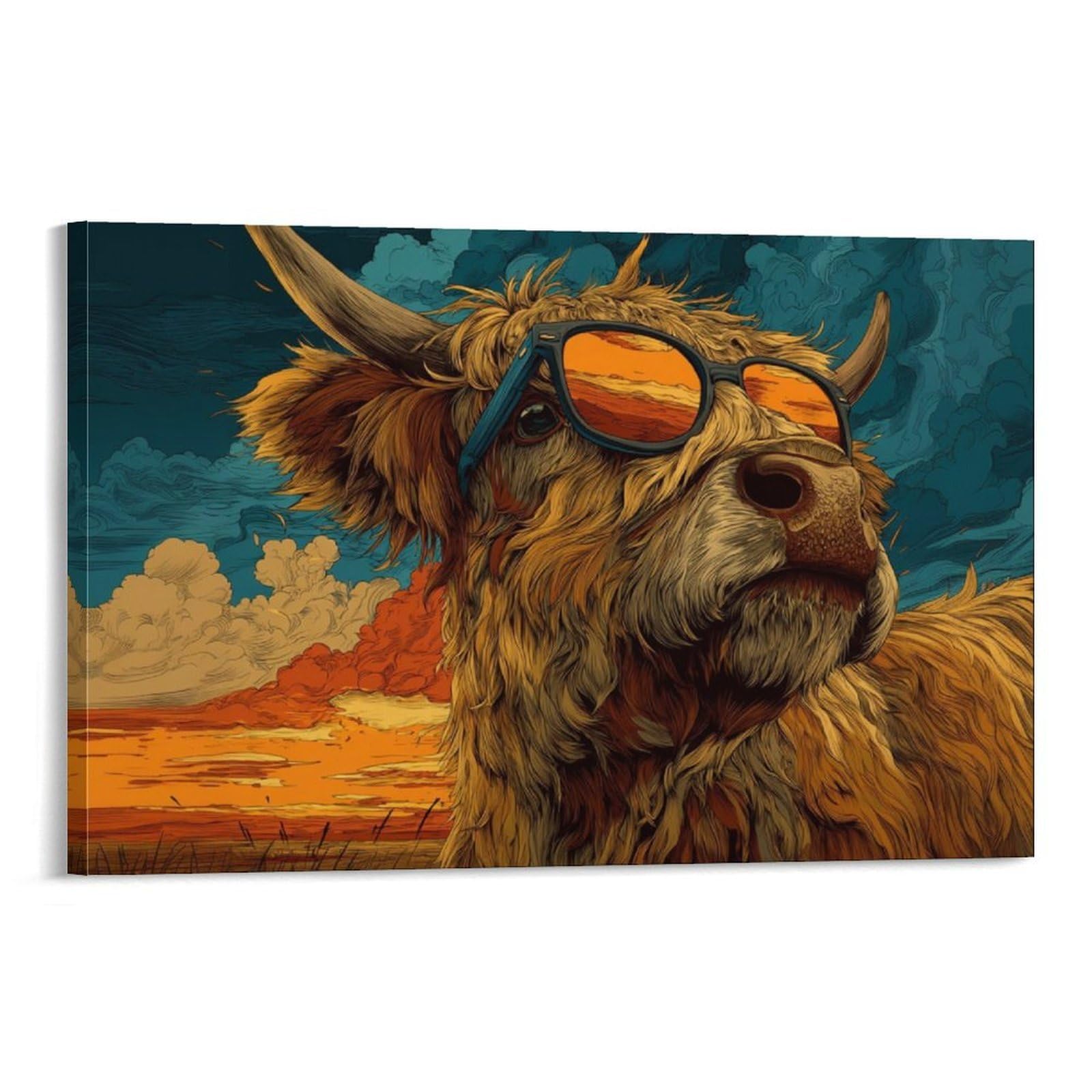 CPLVKWRQJ Cattle Single Piece Highland Cow with Sunglasses Framed Wall Art - Living Room Gallery Wall Focal Point Ready to Hang Decor 08x12inch(20x30cm)