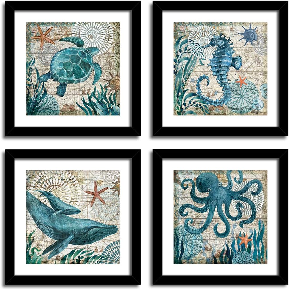YOOOAHU 4 Pieces Canvas Prints Home Wall Decor Art Collection of Marine Animals Watercolor Sea Turtle Seahorse Whale Octopus Ocean Animal Pictures Modern Artwork Ready to Hang -16"x16"x4 Panels(BK)