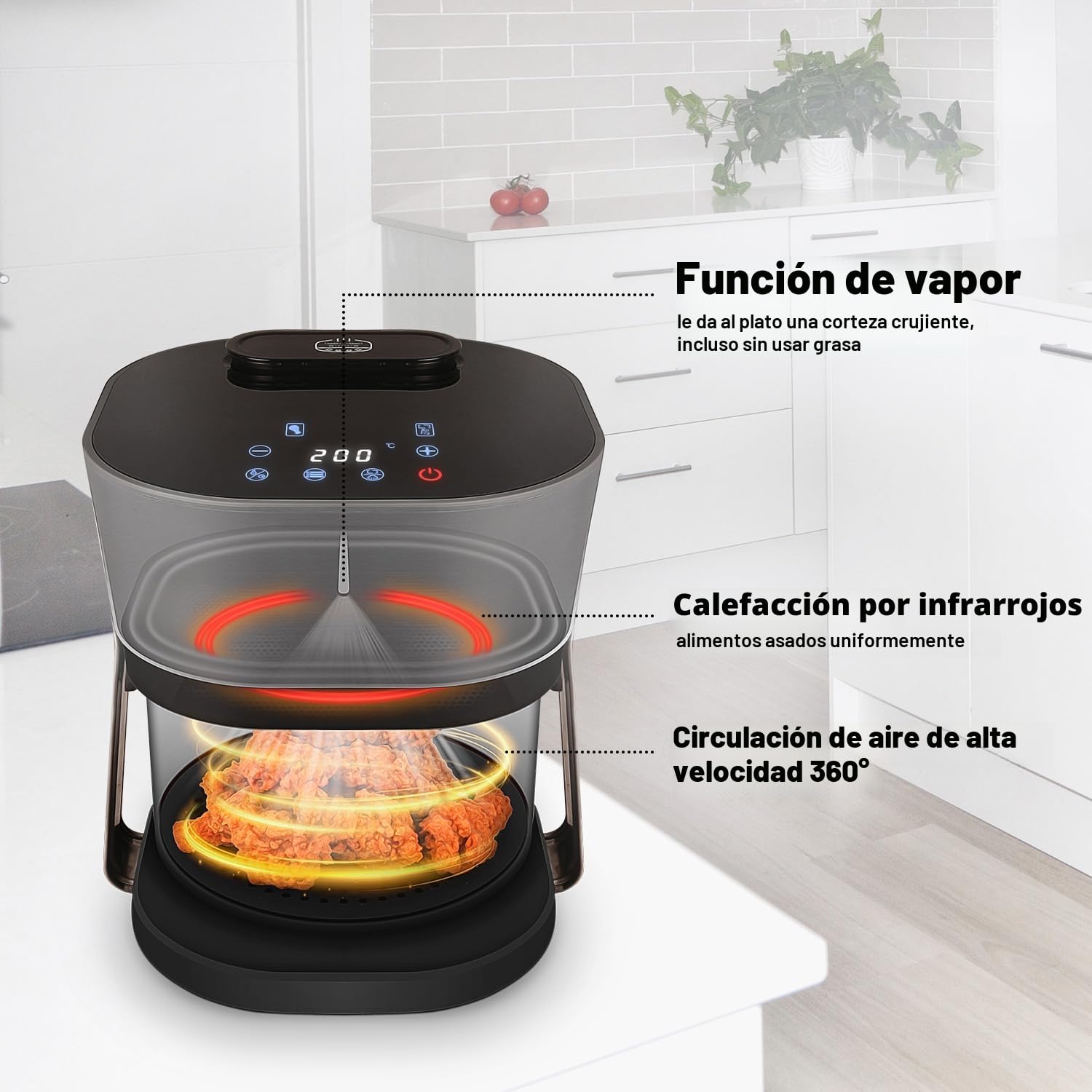 Lauben Freidora de aire 4500BG Glass&Steam - Cesta de cristal, función de vapor, 8 programas, ajuste manual, apta para lavavajillas