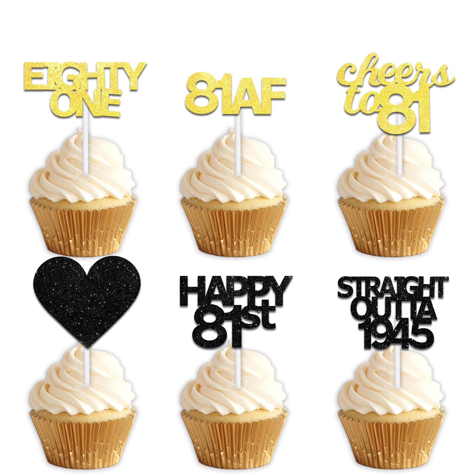 18pcs Black Gold Glitter Dessert Cupcake Pick for Straight Outta 1945 Cheer to 81 Years Old Theme Decor Supplies Happy 81st Birthday Party Decoration