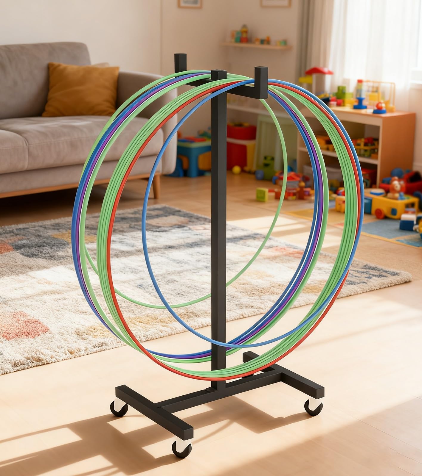 Supporto per Hula Hoop Carrello mobile per hula hoop, supporto portaoggetti in ferro battuto per studi yoga e ambienti domestici, organizer salvaspazio per hula hoop