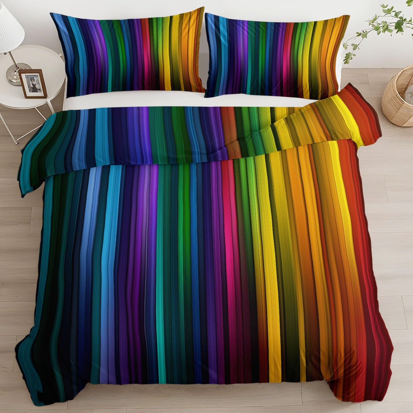 Abstrakcyjna poszwa na kołdrę w pionowe tęczowe paski Bedding 240 x 220 cm z 2 poszewkami na poduszki, wielokolorowa, miękka szczotkowana mikrofibra zestaw pościeli dla dorosłych dla 2 osób