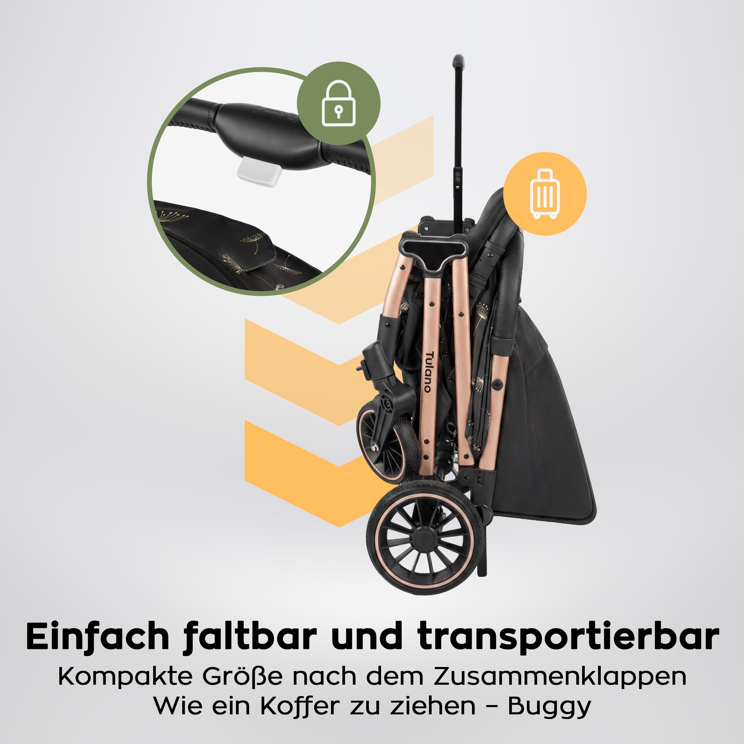 TULANO Lagos 35 Kinderwagen Buggy Klein Zusammenklappbar Reisebuggy mit Liegefunktion Trolley-Funktion Zubehör Flugzeug Handgepäck Baby Buggy bis 15 kg Beige/Geld
