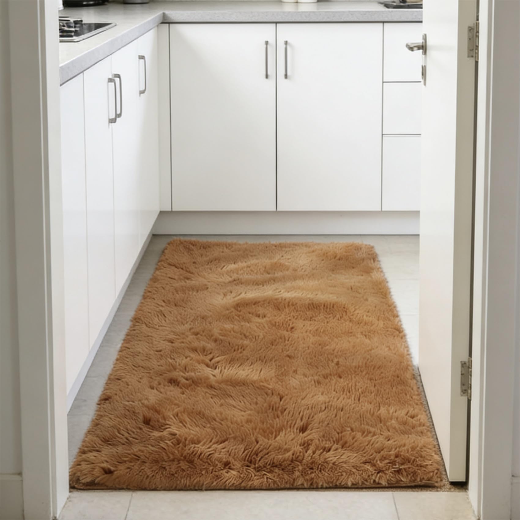 Tapis salon 112 x 300 cm marron à poils longs moelleux et élégant pour grand couloir