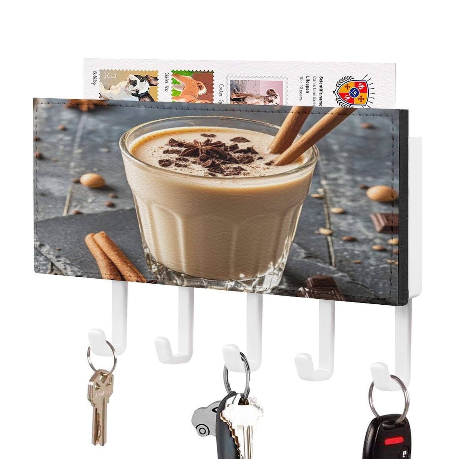 Fekiloot White-Style Eggnog Key Holder Wall Mount Key And Mail Holder Key Hanger With 5 Hooks Decorative Pu Key Rack Hanging Key Hooks For Wall Living Room Kitchen Bathroom Hallway