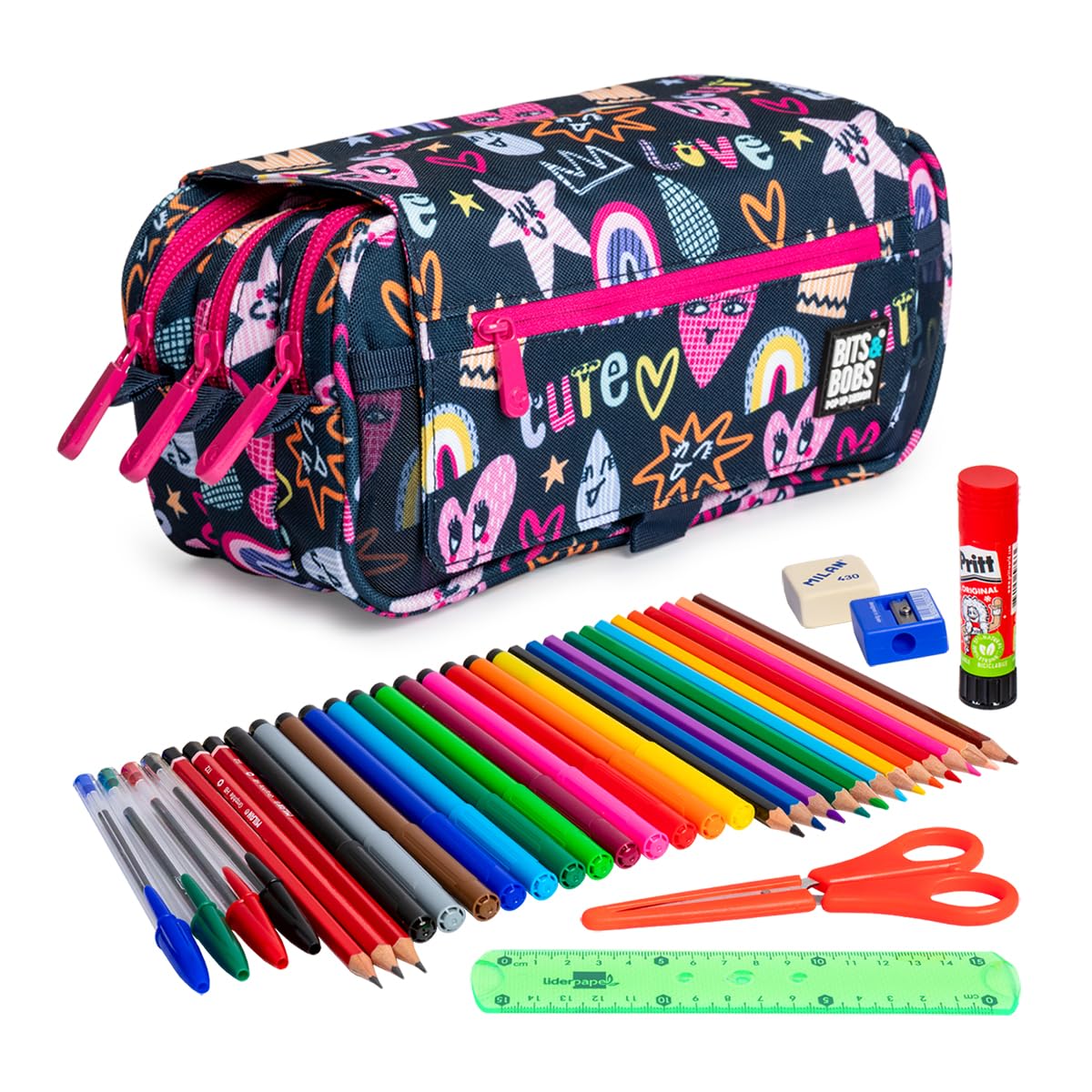 ColePack Design - Lote de Estuche Portatodo Triple con 3 Cremalleras y Material Escolar de Primeras Marcas Incluido (Cute)