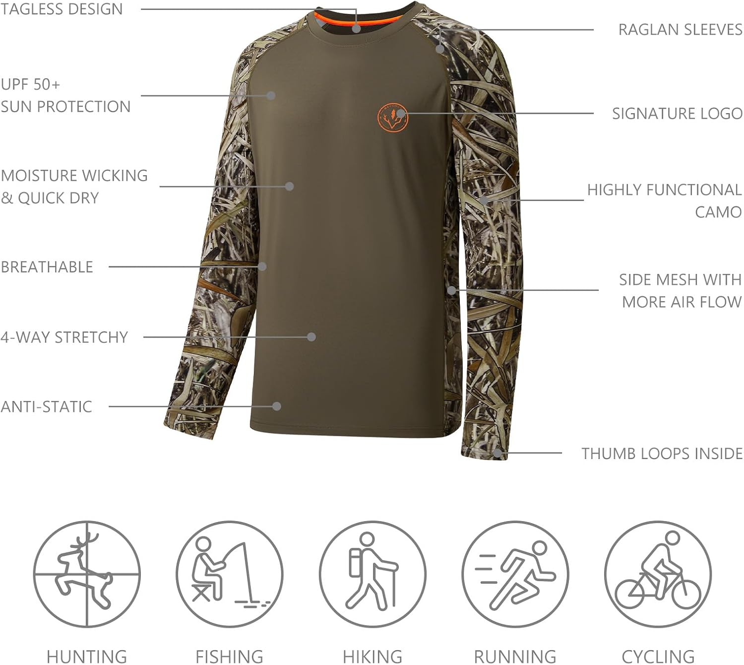 BASSDASH Men’s Lightweight Camo Hunting Shirt UPF 50+ Sun Protection Long Sleeve Hiking Fishing Performance Tee Mesh Panels