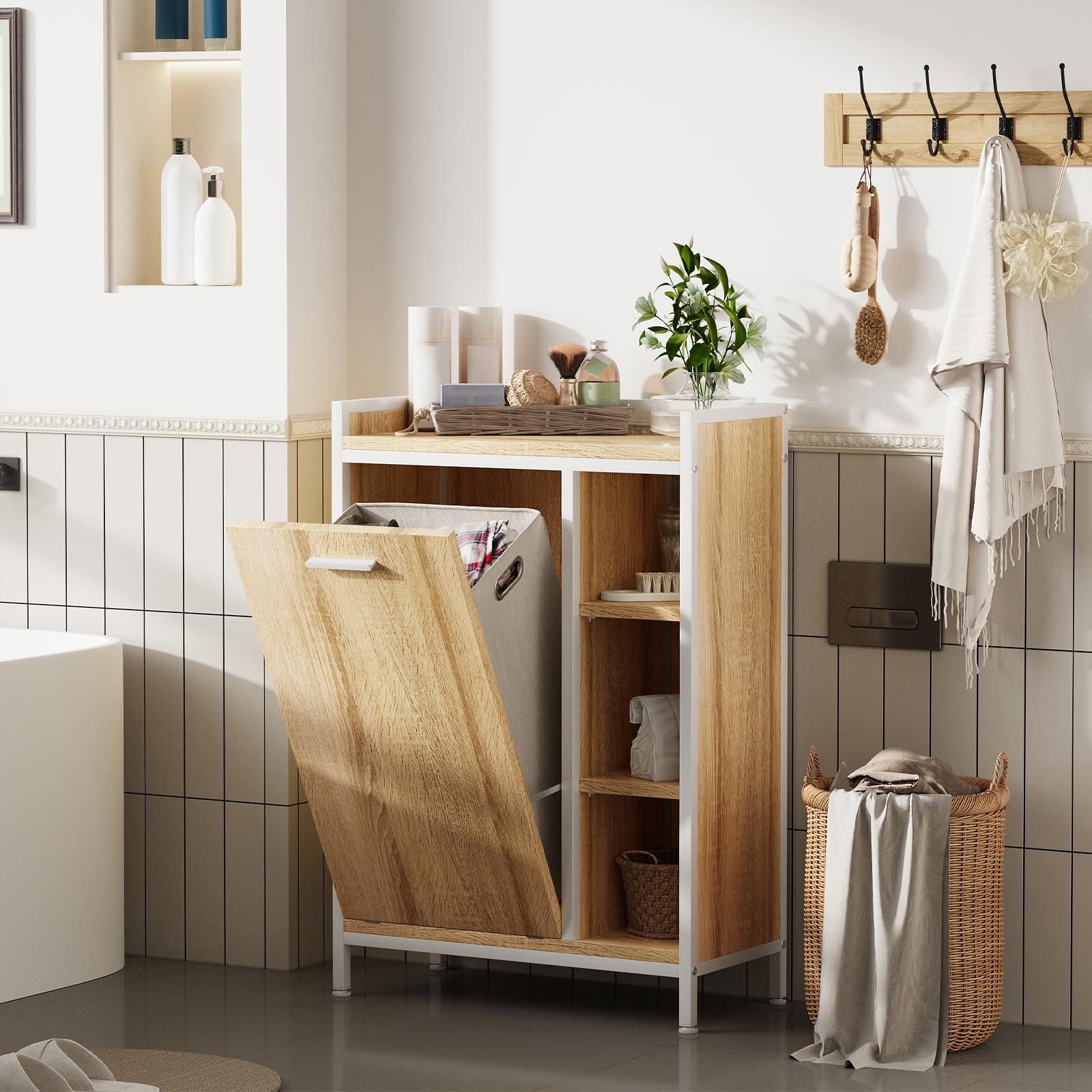 ELUCHANG Meuble de Salle de Bain, Panier à Linge 50L, Placard de Rangement, 2 en 1,avec Sac Intérieur Amovible,Étagère Réglable,pour Salle de Bain, Buanderie,63 x 30 x 91cm,Chêne Clair+Blanc