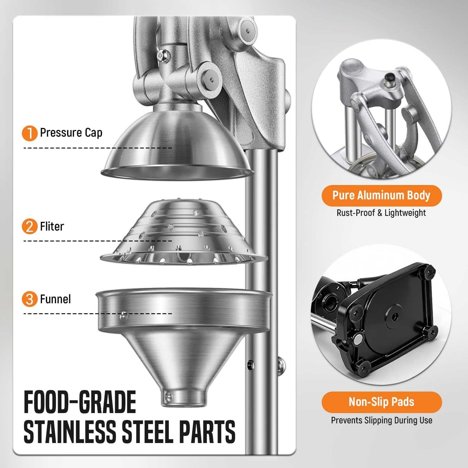 Kitchen Exprimidor de Cítricos Profesional para Naranja, limón y Lima - Prensa Manual de Metal con Soporte,Naranja