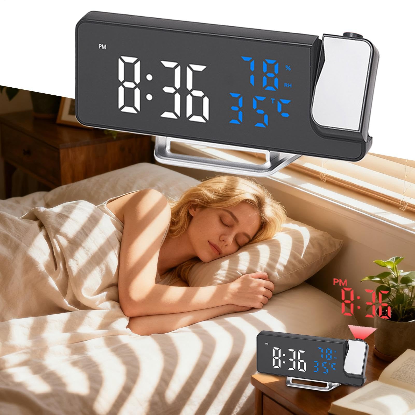 Alarma con proyección digital: reloj con pantalla giratoria ajustable, temporizador LED compacto, sensores de temperatura y humedad | Gadget para la habitación de oficina en casa de diseño elegante