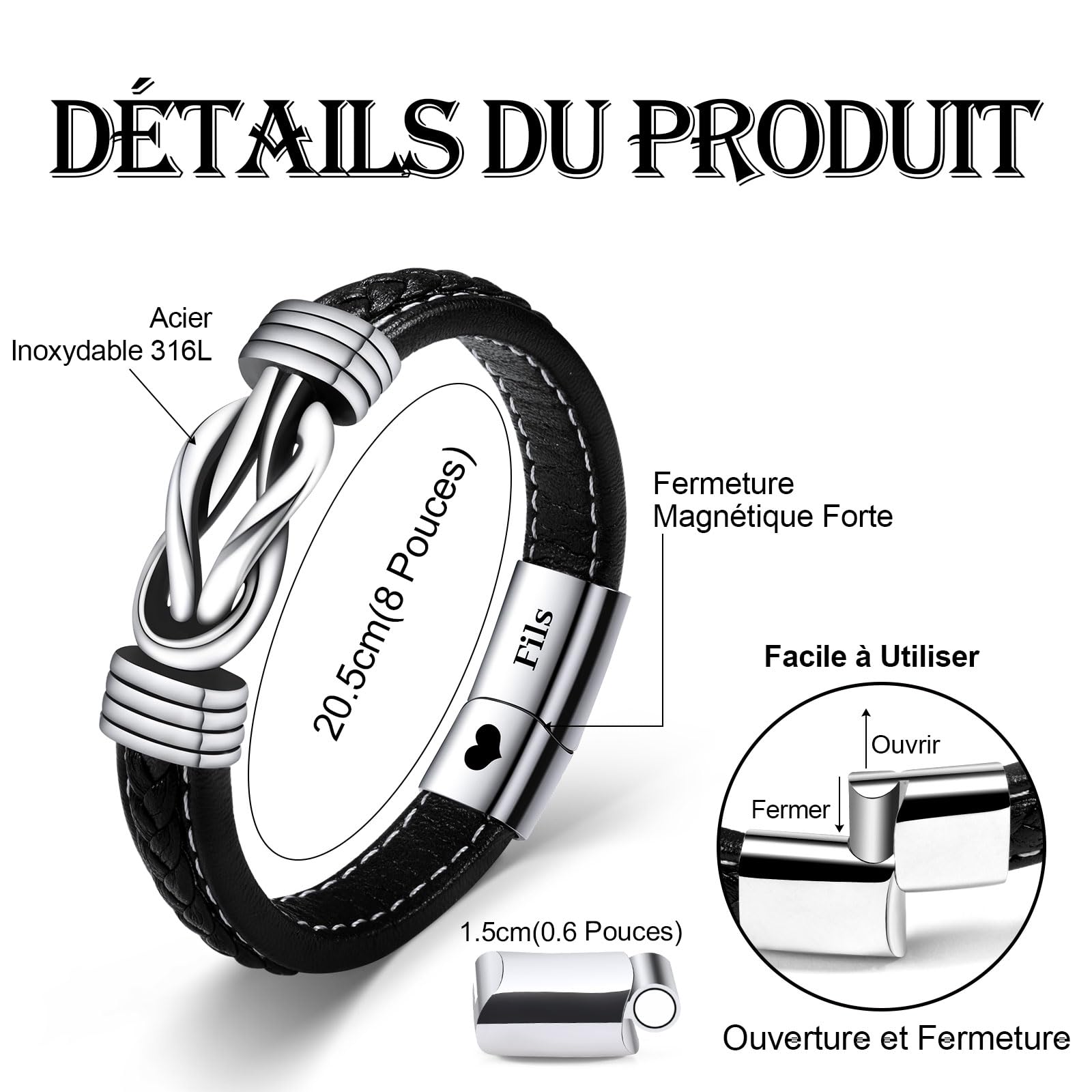 VU100 Bracelet pour Fils Cadeau pour Fils Cadeau pour Fils de Maman et Papa Bracelet en Cuir en Acier Inoxydable Bracelet pour Mon Fils Cadeaux d'Inspiration Cadeaux d'Anniversaire pour Garçons