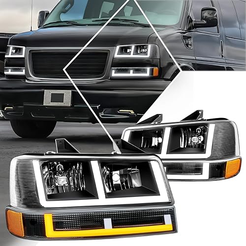 PM PERFORMOTOR 4 piezas Faros LED DRL en forma de E + lámparas de parachoques compatibles con Chevy Express 03-23GMC Savana, lente ahumada