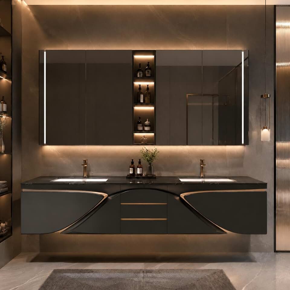 108 IN Double-Sink Floating Bathroom Vanity with LED Mirror & Storage
