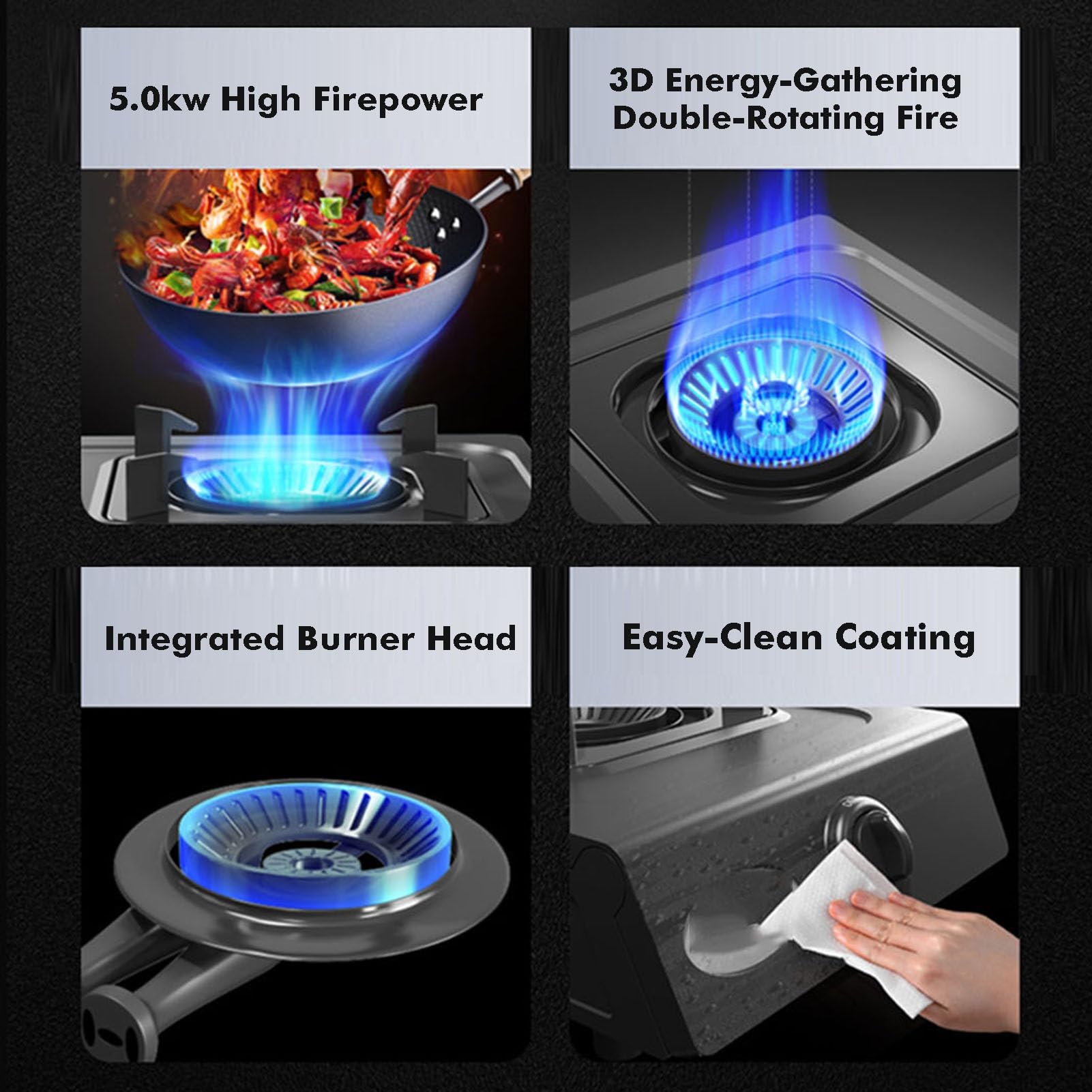 1 quemador de gas, quemador de wok de alta potencia de 5,0 kW con protección contra llamas, ideal para cocina doméstica y cocina profesional