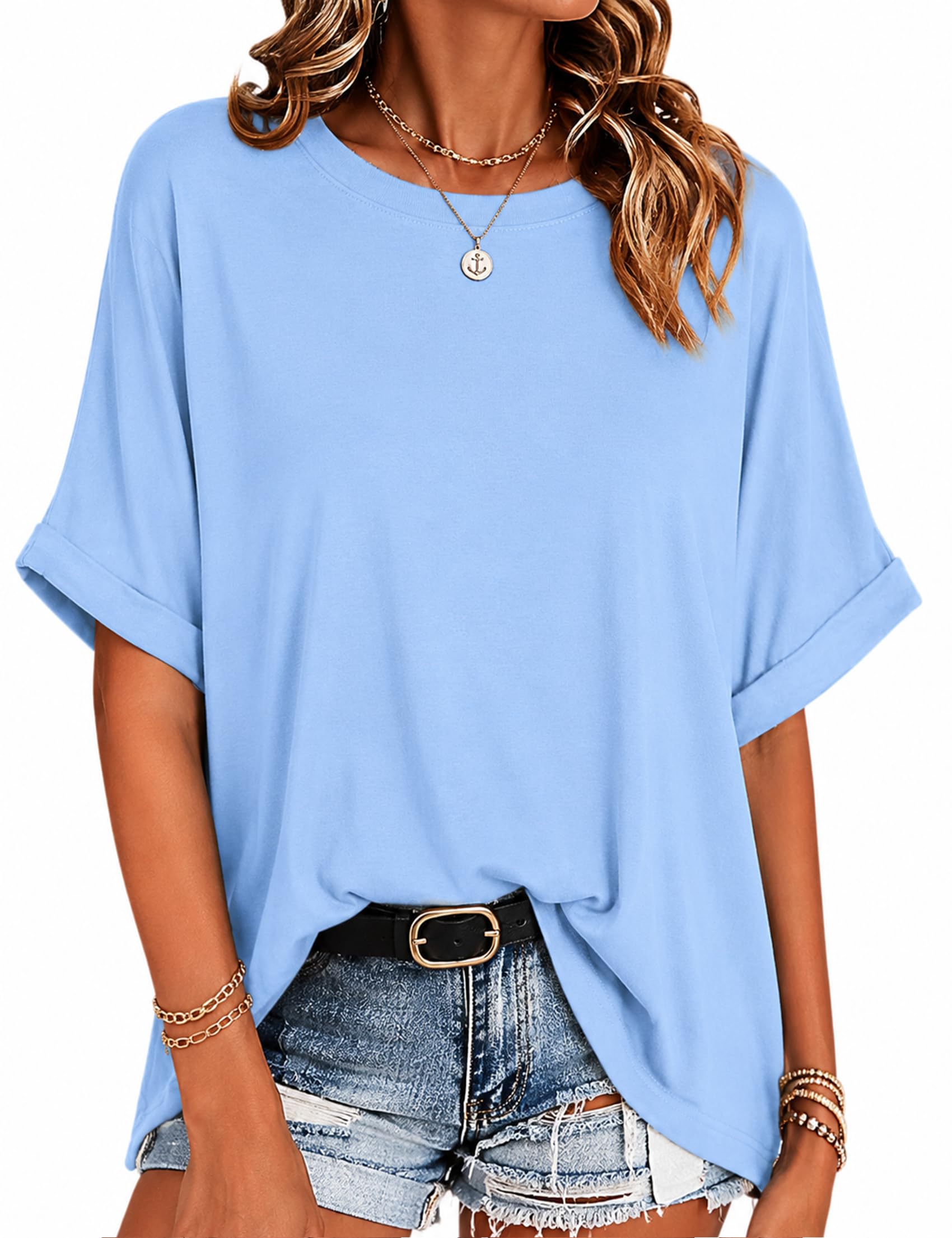 Wayleb T Shirt Damen Oversize Sommer Kurzarm Rundhals Einfarbig Oberteil | Sommer Basic Tshirt, Lockeres Lässig, Weich, Leicht, Business Outfits, Alltag, Urlaub, Freizeit