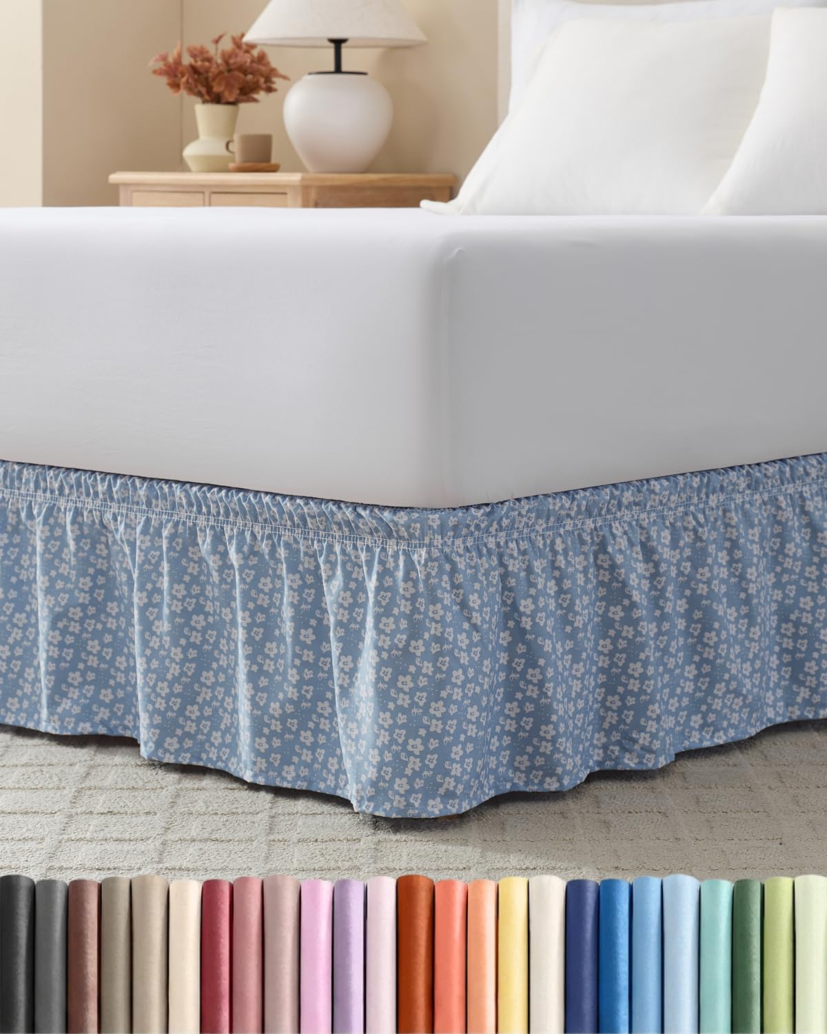 CGK Wrap Around Dust Ruffle Bed Skirt - Queen Size, 15" Inch, Blue Meadow